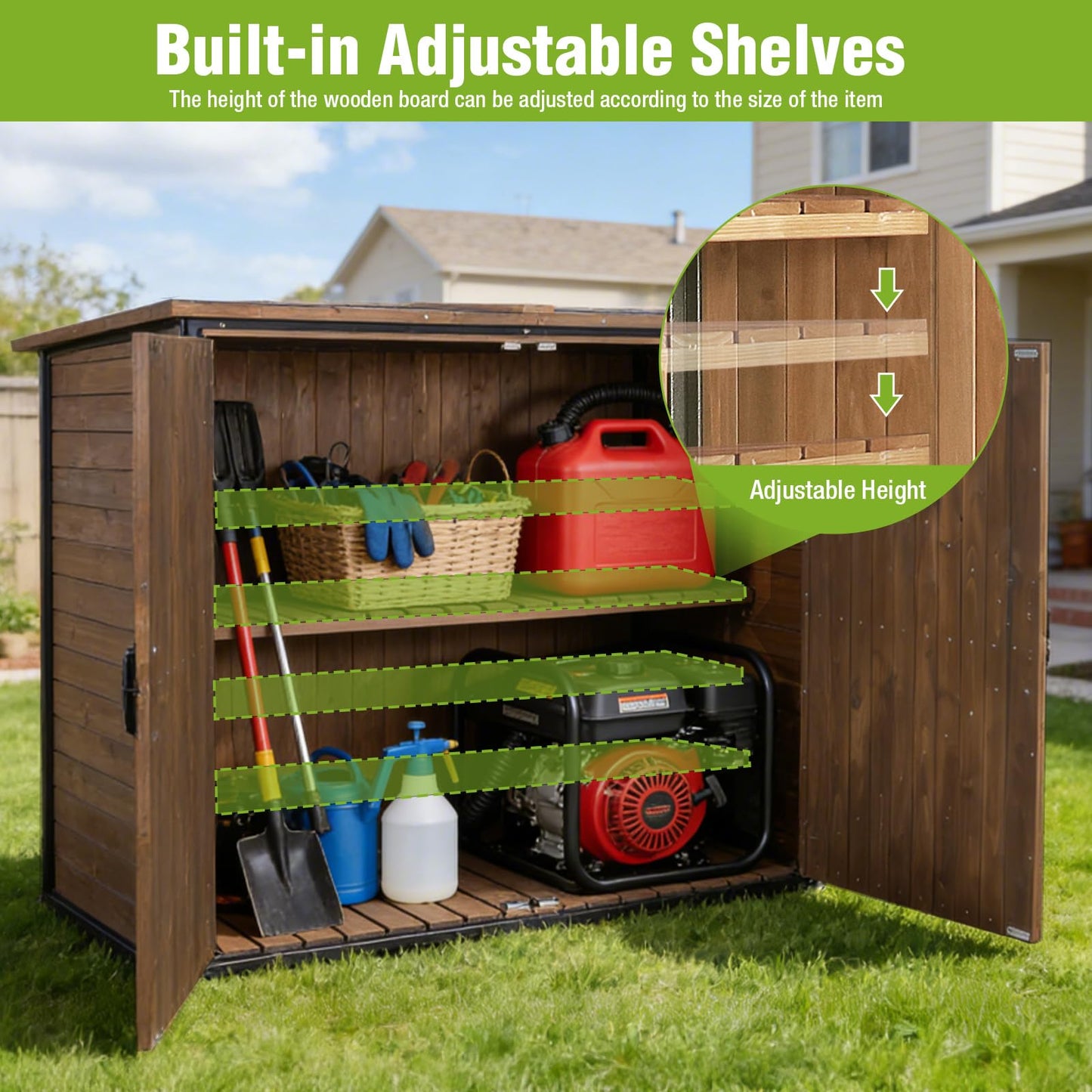 Joyqinchen Outdoor Storage Shed with Strong Metal Frame, Wooden Garden Sheds with Adjustable Shelves and Removable Floor, Weatherproof Outdoor Trash Can Shed, Horizontal Storage Cabinet for Patio