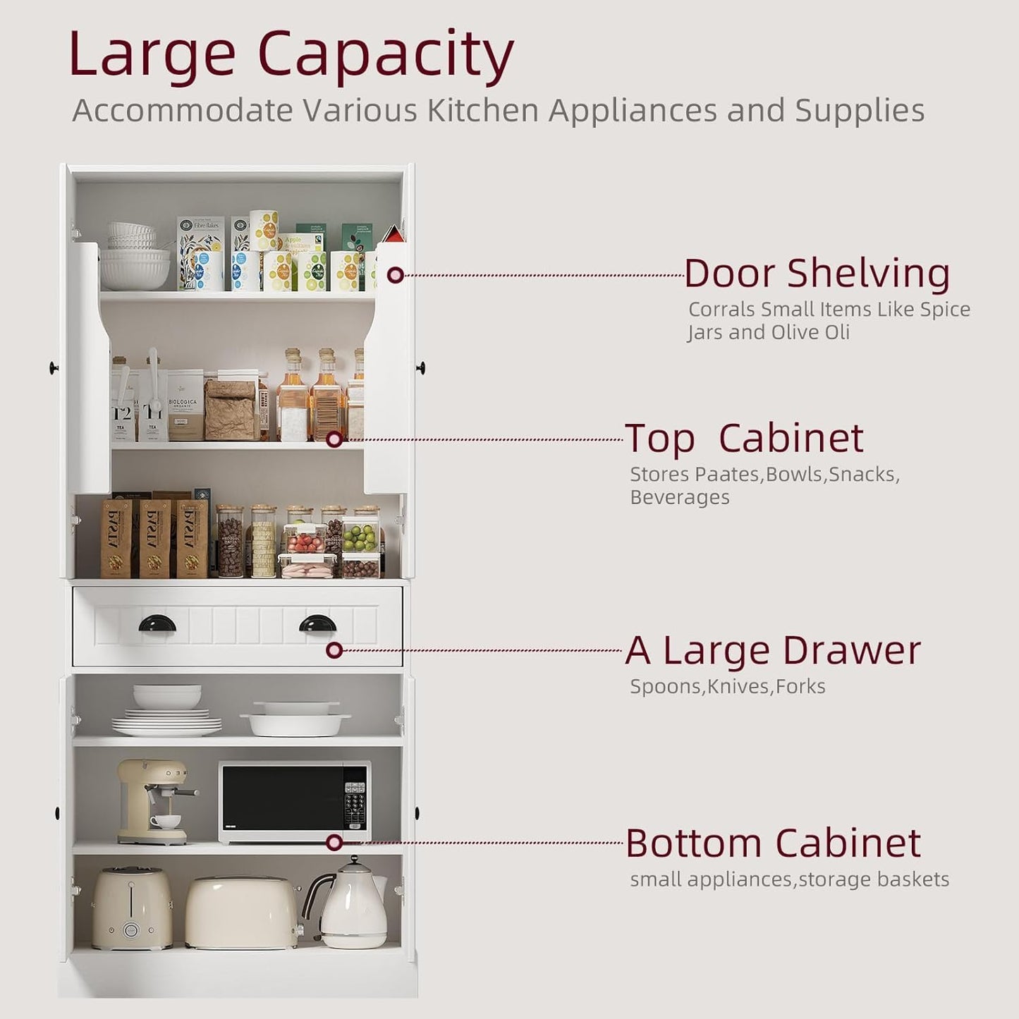 4 EVER WINNER 72" Tall Kitchen Pantry Cabinet, Food Pantry Cabinet with Storage Cabinets and Door Shelves, Farmhouse Cabinet with Adjustable Shelves and Drawers for Kitchen, Dining, Living Room, White