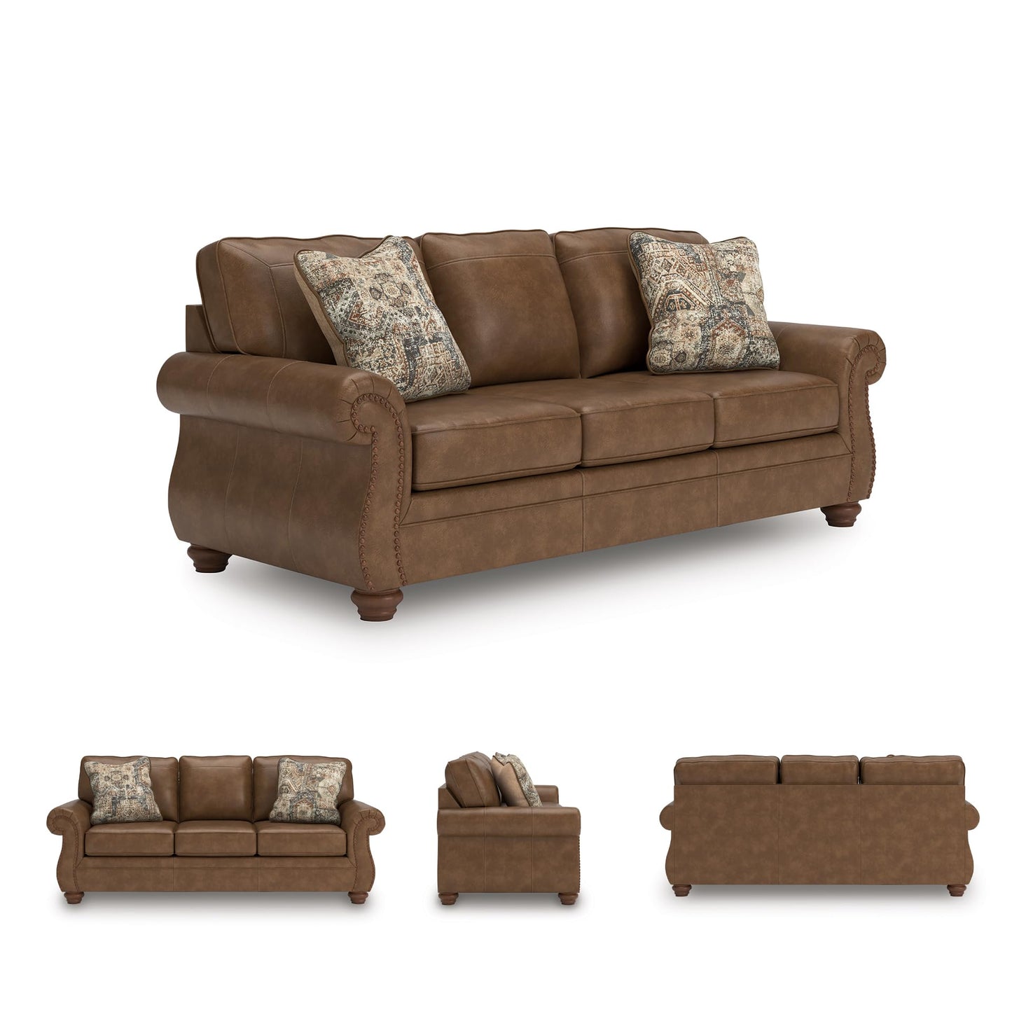 Signature Design by Ashley Shadsburne Rustic Faux Leather Sofa with Nailhead Trim and 2 Throw Pillows, Brown