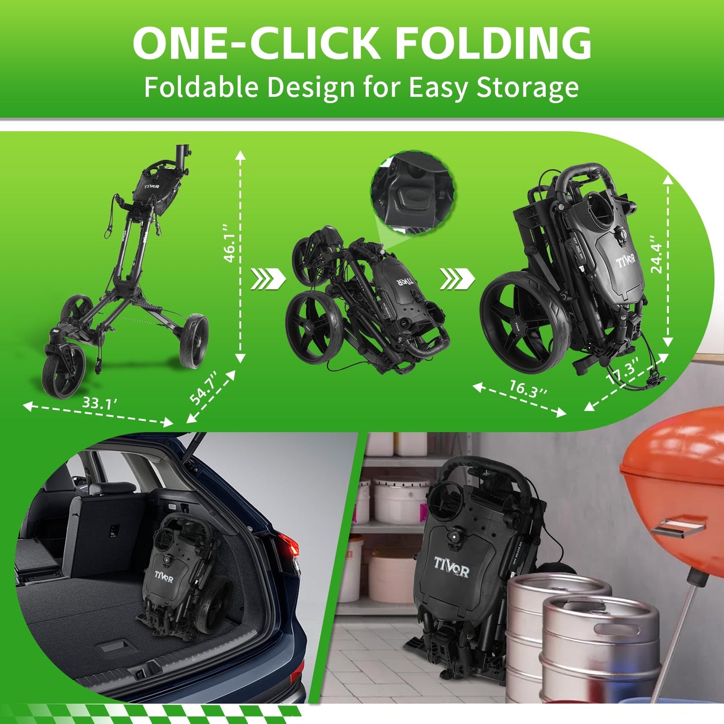 Golf Push Cart with 360° Front Wheels & Handbrake,Tivor 3 Wheel Pull Cart Offers One-Click Folding and All-Terrain Mobility
