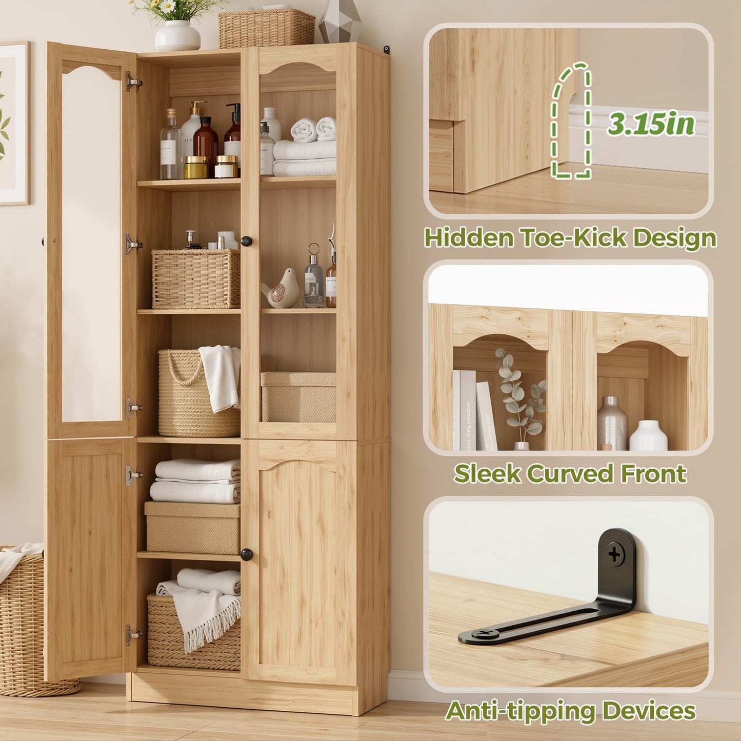 Cyclysio 80" Tall Pantry Cabinet with 4 Doors, Natural Oak Kitchen Pantry Storage Cabinet with Built-in Baseboard Notch & Adjustable Shelves – Kitchen Storage Cabinet for Dining, Living, Office