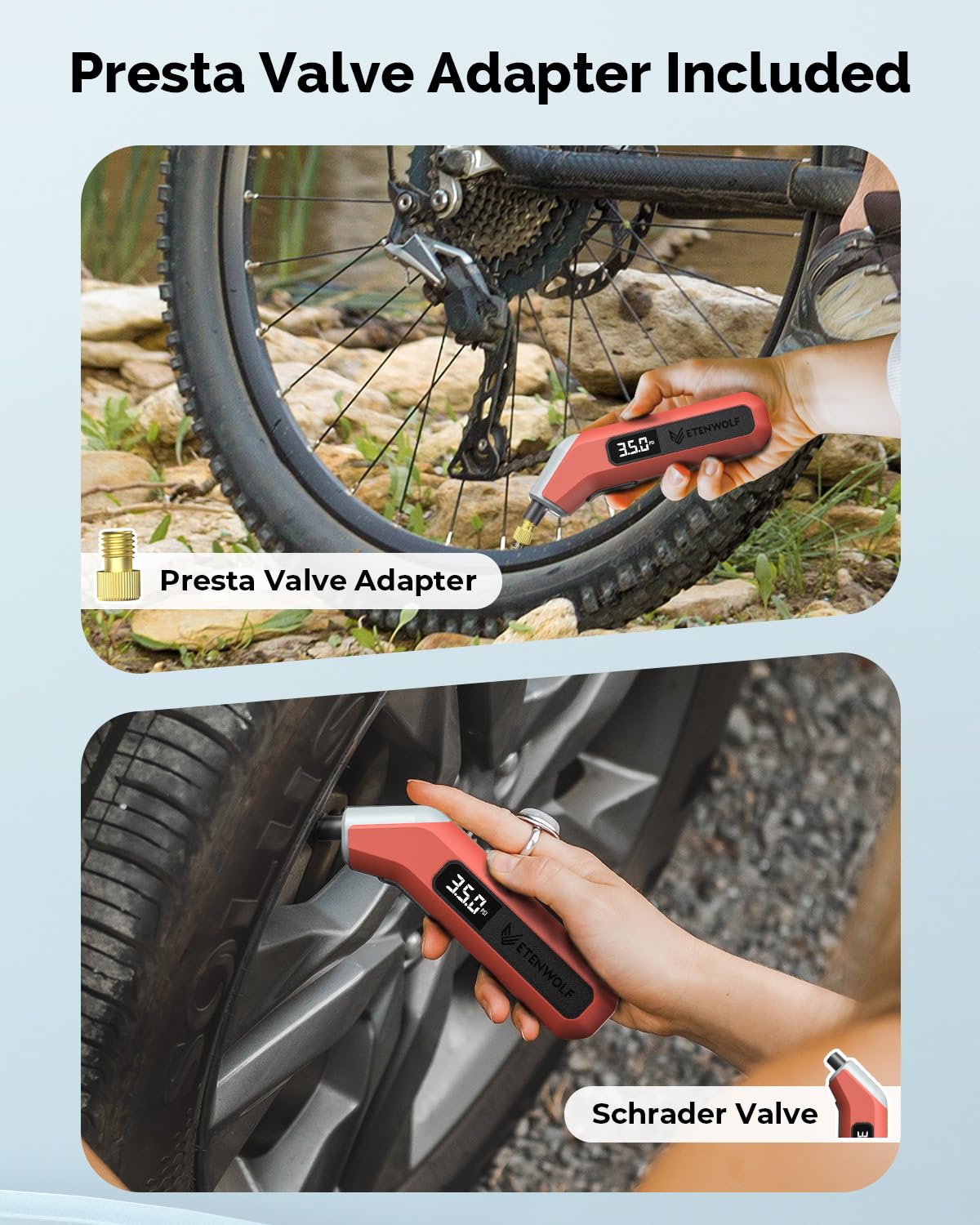 ETENWOLF T300 Plus Tire Pressure Gauge 200 PSI, Digital Tire Gauge with Bright LED Display, Tire Gauges for Tire Pressure with Presta Valve Adaptor (Vivid Orange)
