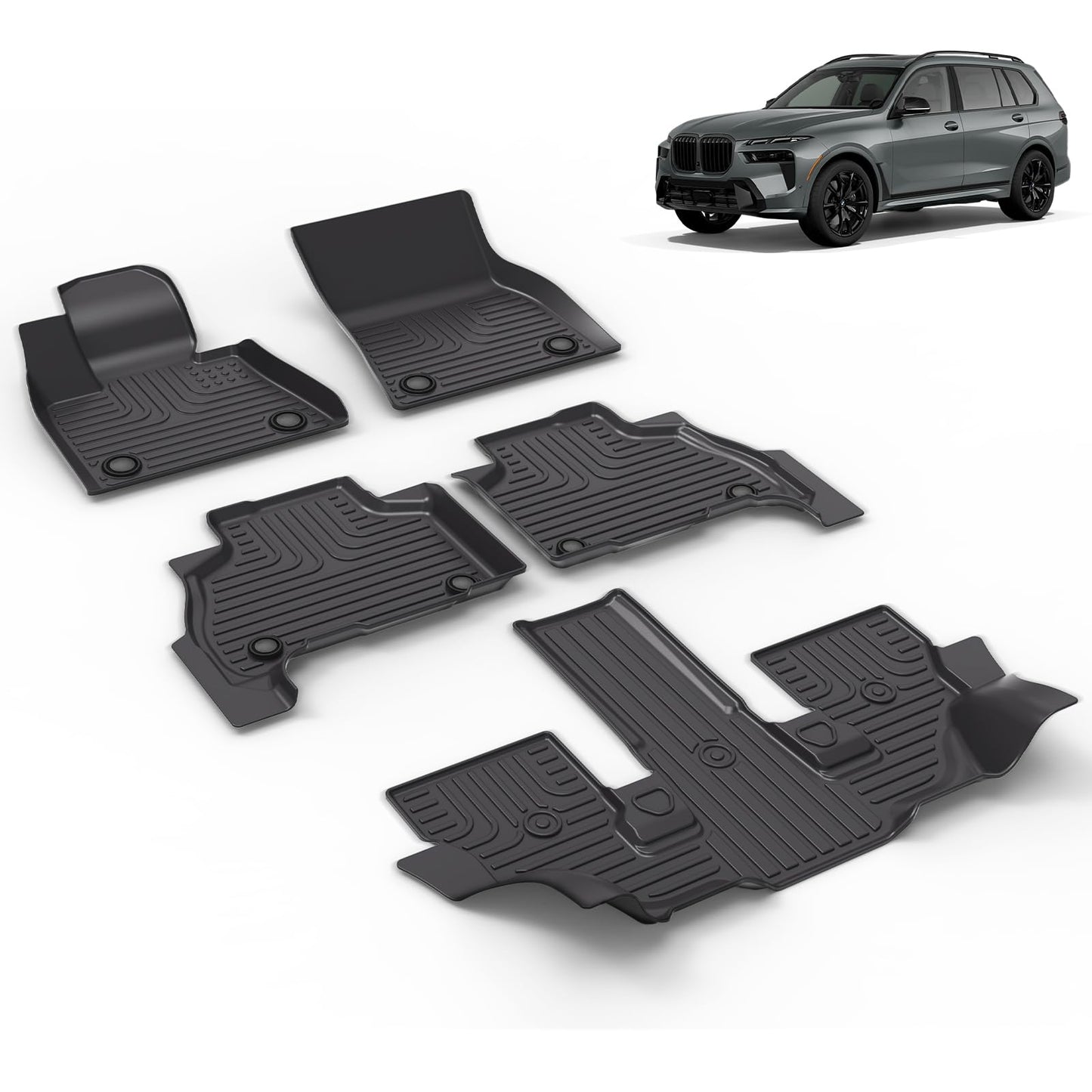VOUKIY All Weather Car Floor Mats Fit for X7 40i, M50i, M60i (only fit 6 Seater) 2019-2024 2025 Automotive Floor Liners X7 Front& Rear& 3rd Row Accessories Black