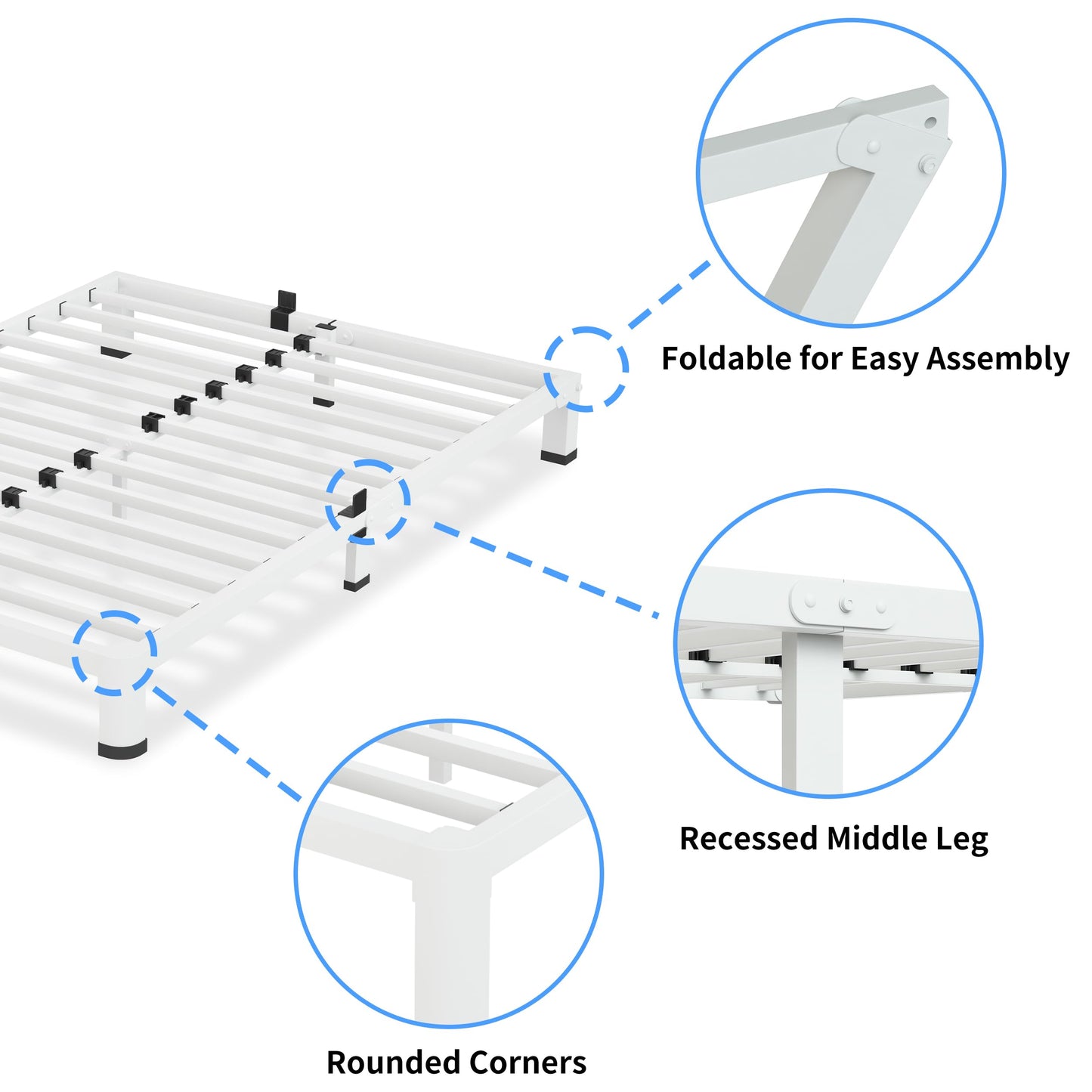 VIPSHOW 4 Inch White Queen Bed Frame, 3500Lbs Heavy Duty Metal Platform with Round Corner Legs Mattress Slide Stopper, Steel Slat Support No Box Spring Needed, Noise Free, Non-Slip, Easy Assembly
