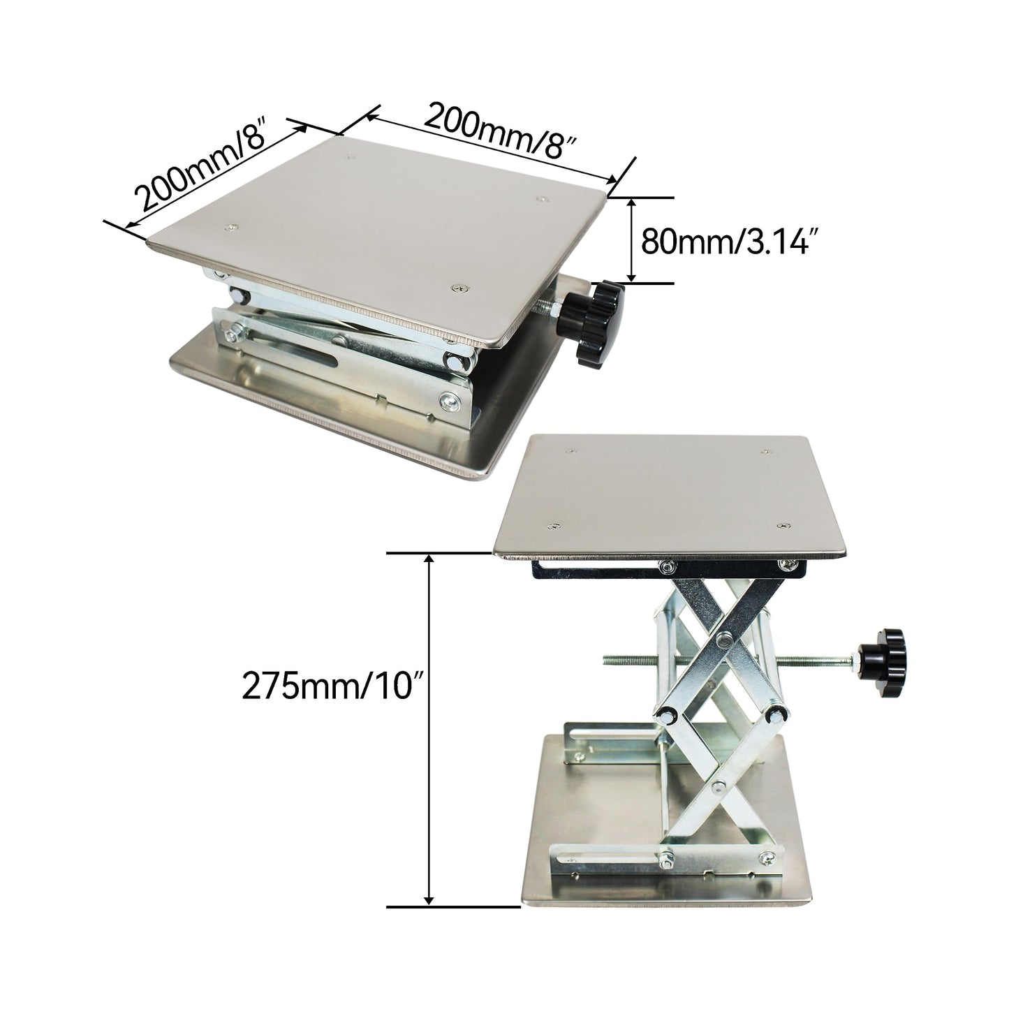 TEXALAN(R) 8x8 Lab Scissor Jack Lift Table SS304 Max. Height of 10" 33LBS Load