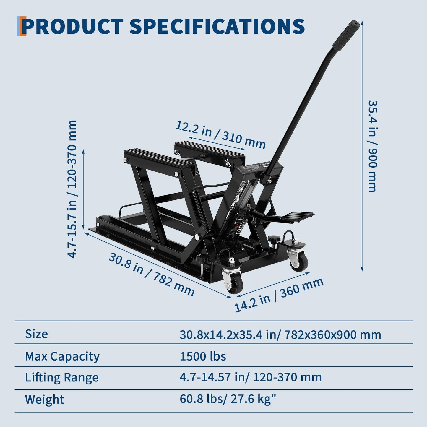 Hydraulic Motorcycle Lift Jack 1500LBS Capacity Heavy Duty ATV Scissor Lift Jack Portable Motorcycle Lift Table with 4 Wheels Hydraulic Foot-Operated Hoist Stand for ATV UTV Powersports,Black