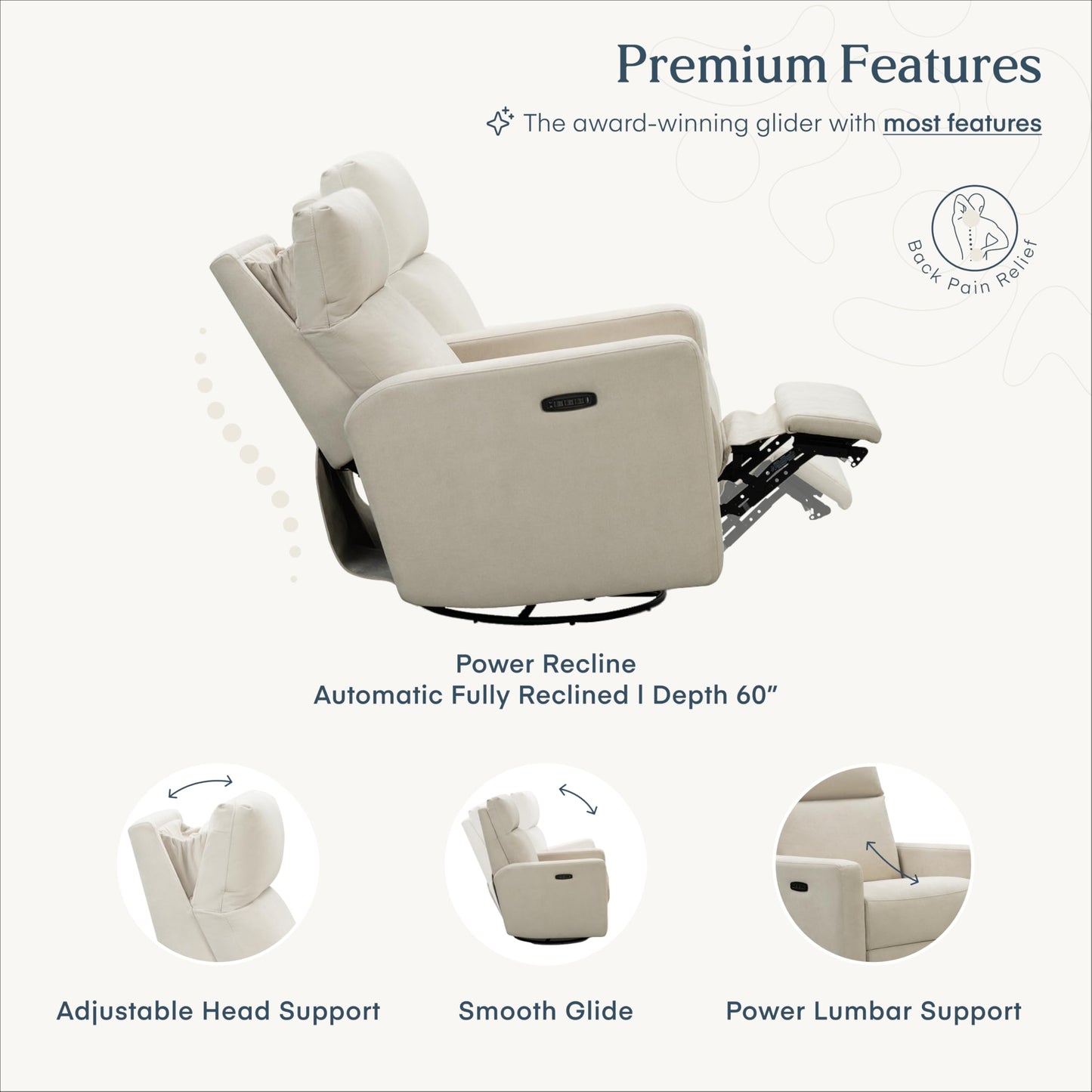 Nurture& The Glider Plus - Premium Nursery Power Recliner | Swivel Chair with Adjustable Head Support and Adjustable Lumbar Support | Built-in USB - The Ultimate Comfort for Nursing, Relaxing (Ivory)