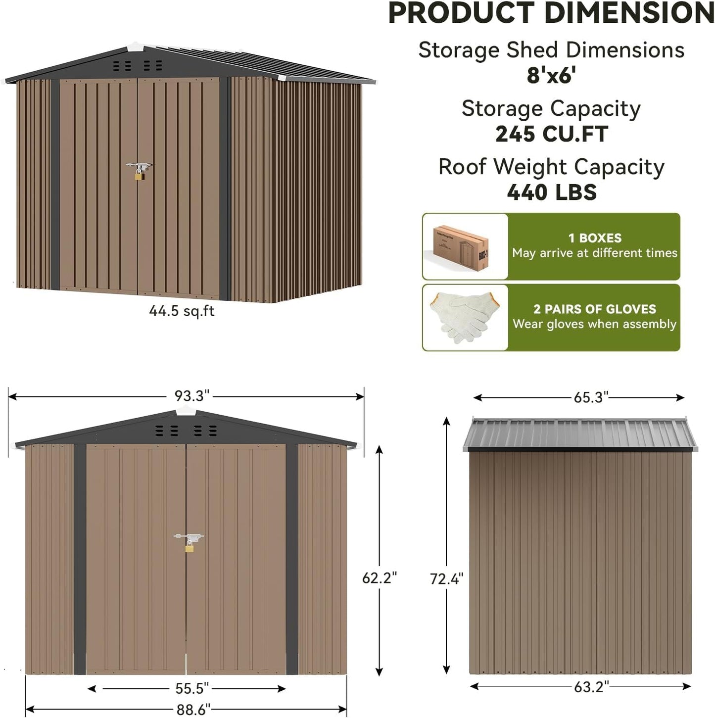 COMHOMA Shed Outdoor Storage Shed Metal,Lockable Doors Tool Sheds with Sloping Roof,Steel Garden Shed with Air Vent for Backyard,Patio,Lawn,Poolside (Brown, 8'x6')