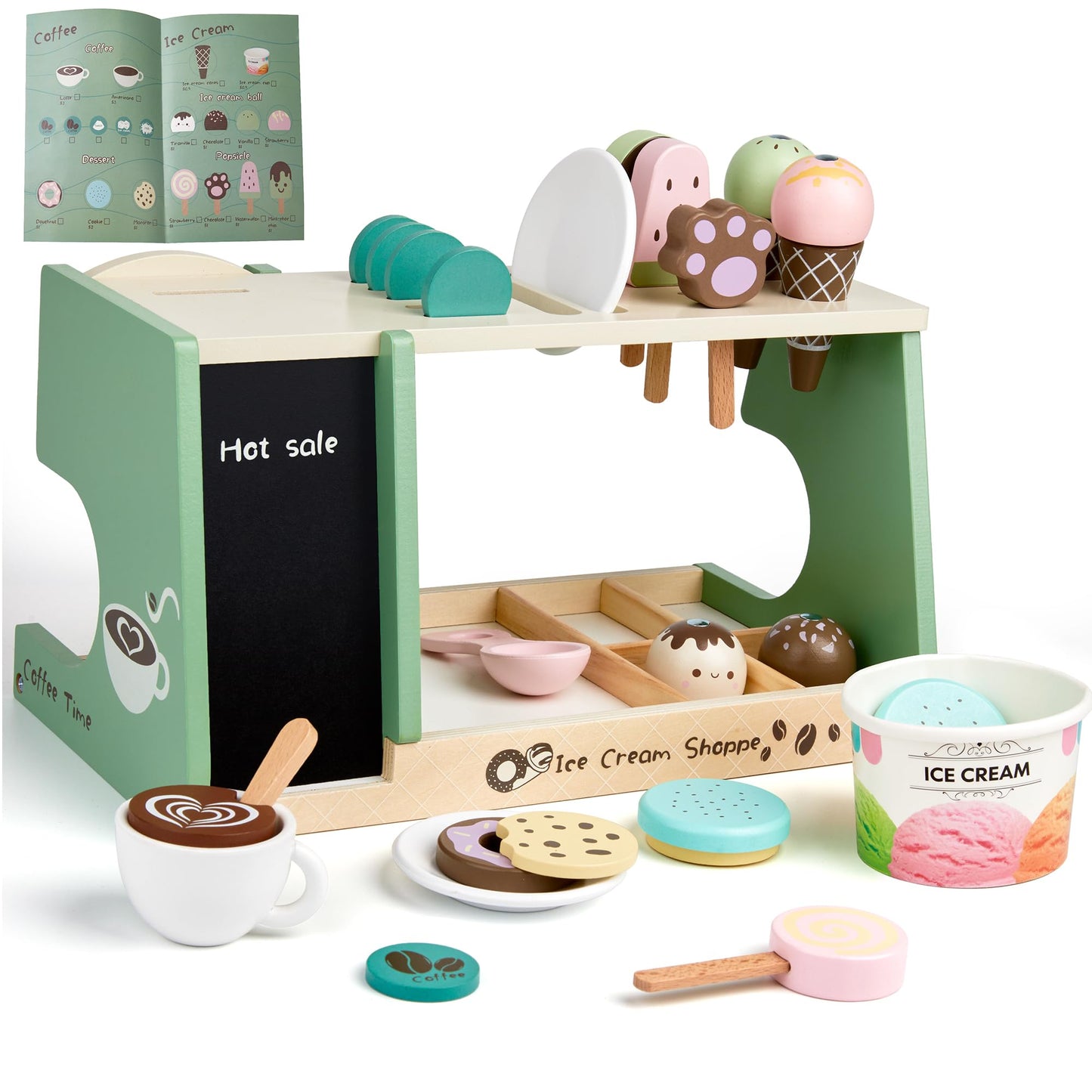 Wooden Ice Cream Toy, 3-in-1 Ice Cream Counter with Coffee Maker 28 PCS Toddler Pretend Play Kitchen Accessories Wooden Toys for 3 4 5 6 Year Old Girl or Boy (Ice Cream)