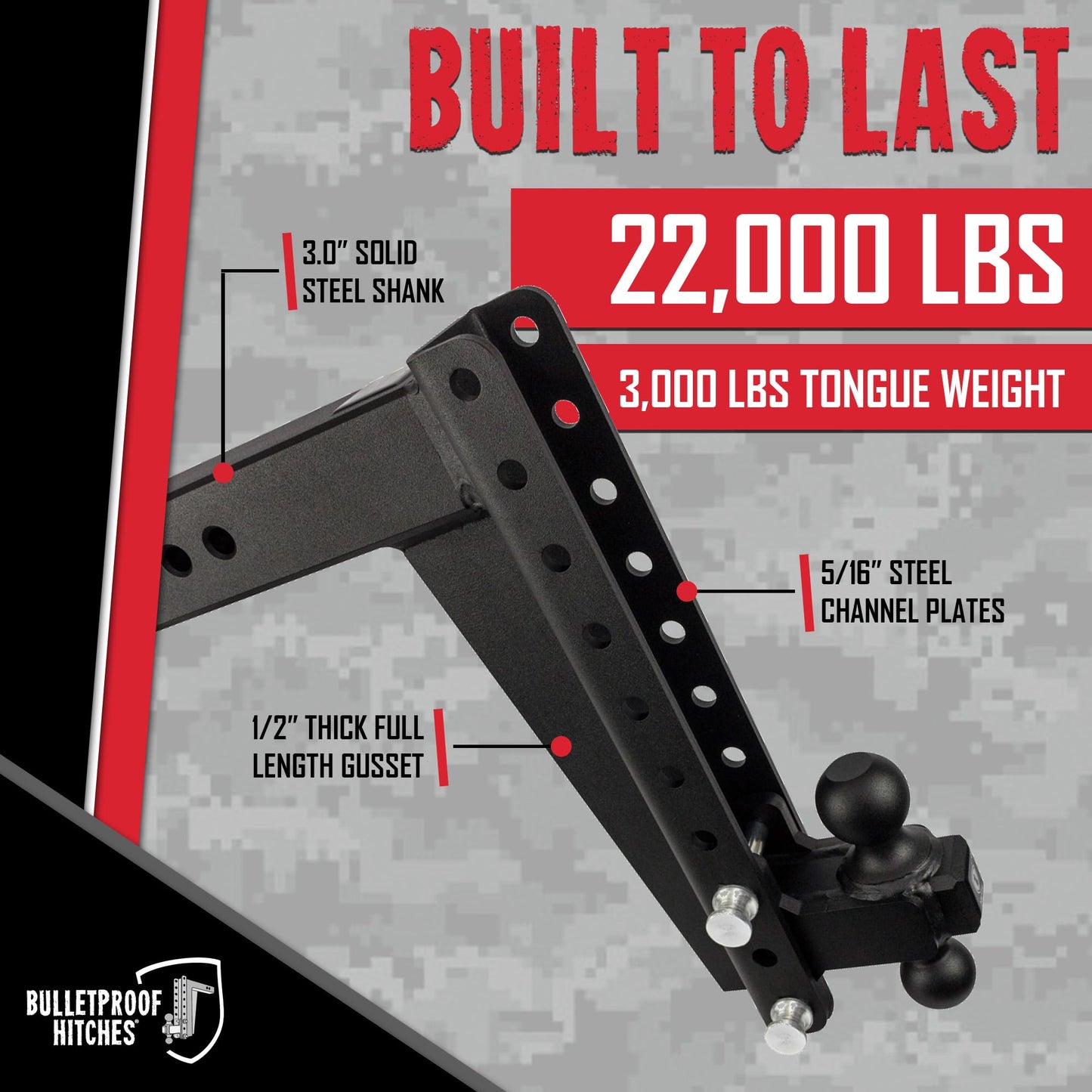 BulletProof Hitches - 3.0" Adjustable Heavy Duty Trailer Hitch (22,000 lb. Rating) - 14" Drop/Rise Trailer Hitch with 2" & 2-5/16" Dual Ball - Powder Coat, Solid Steel, Corrosion-Resistant