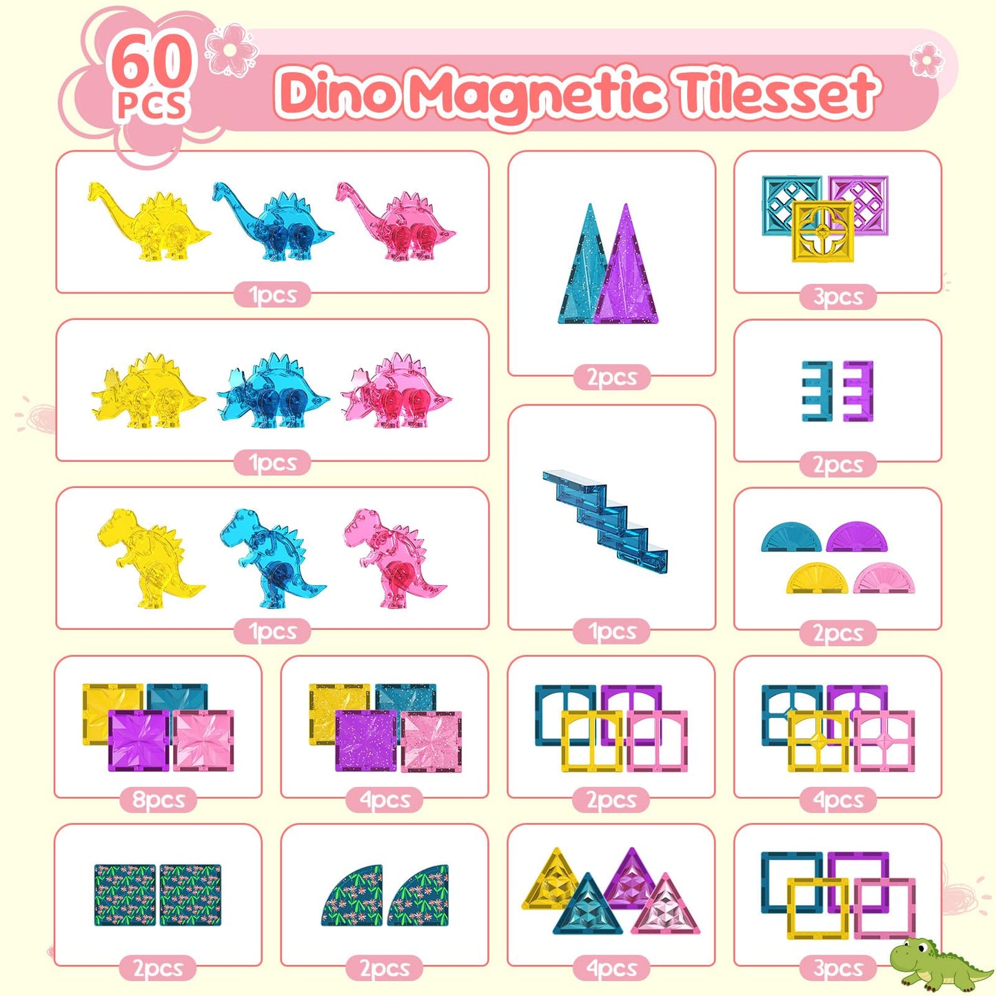 UREC 60PCS Dinosaur Toys Magnetic Tiles for Girls, Magnetic Building Blocks Sensory Dino Toy for Girl Ages 3-5 4-8 Year Old, Girl Toys Dinosaur Decorations Birthday Gifts for 3+ Years Old Kids Boys