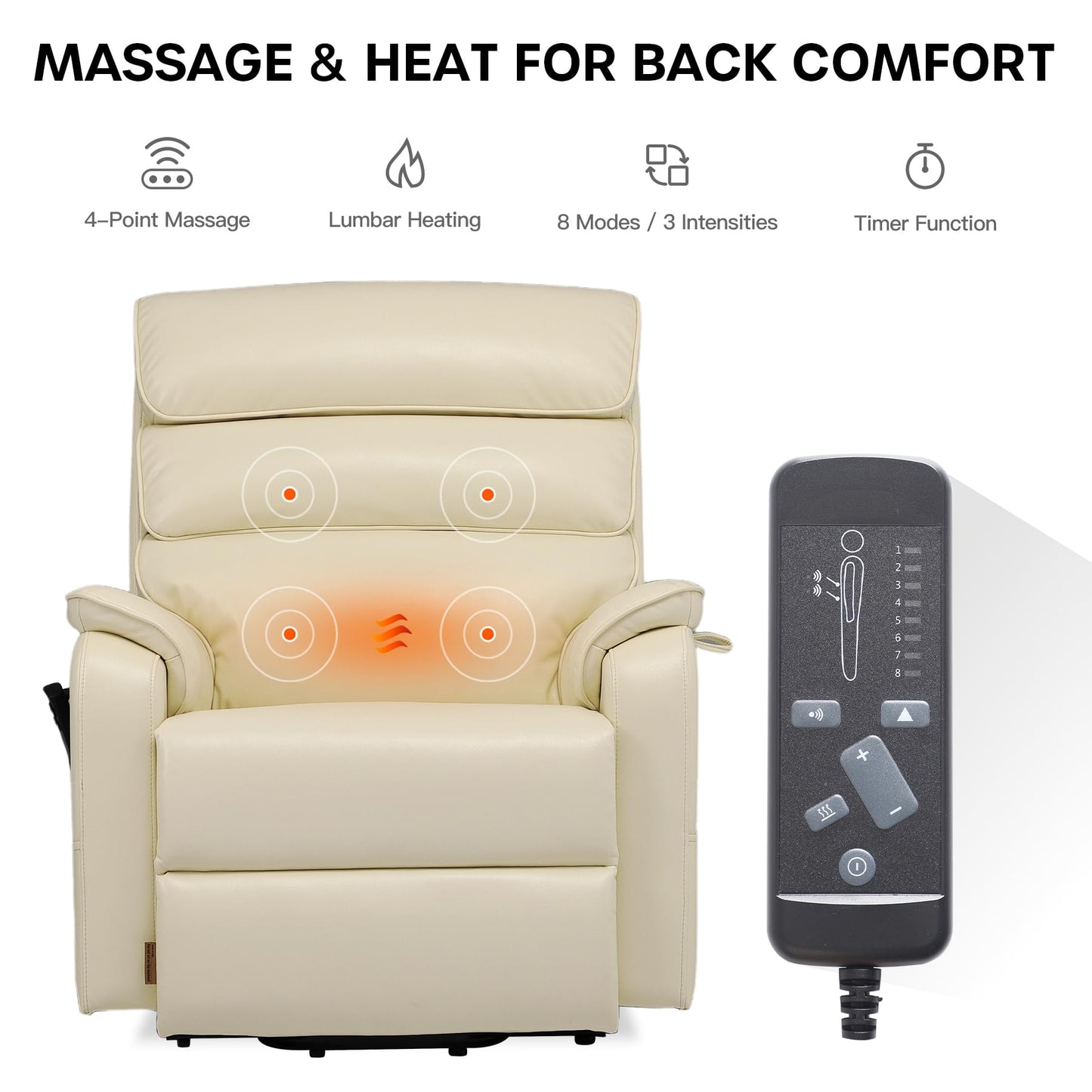 DYNOX Big Man Large-Wide Power Dual Motor Lift Recliners Chairs for Elderly Lay Flat Lift Chair with Infinite Positions, Heat & Massage, Supports 400 LBS(9298,Faux Leather,Cream)