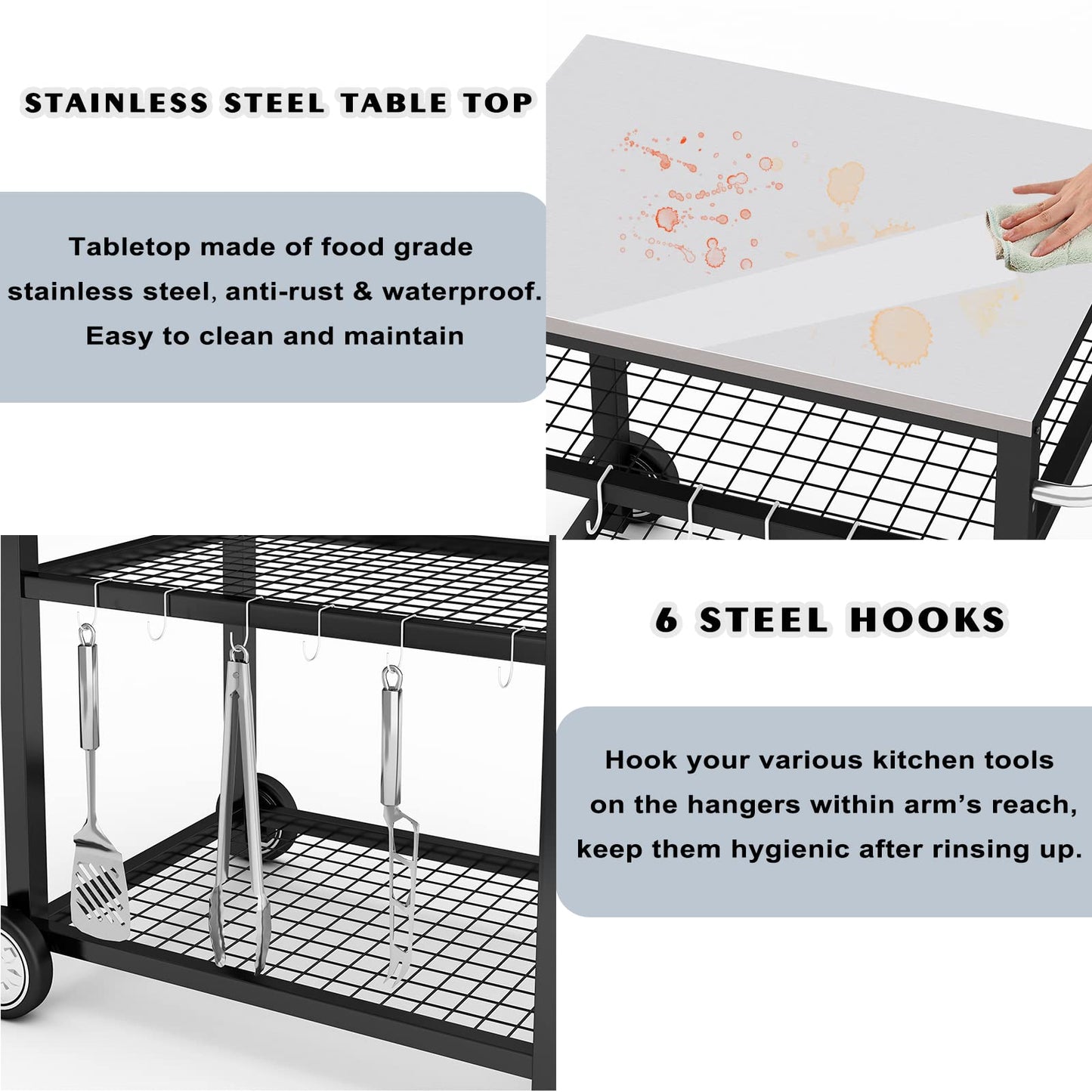Movable Food Prep and Work Table Stainless Steel Grill Cart Modular Table with Wheels and Handle Double-Shelf Commercial Kitchen Tables Heavy Duty Pizza Oven Stand Outdoor
