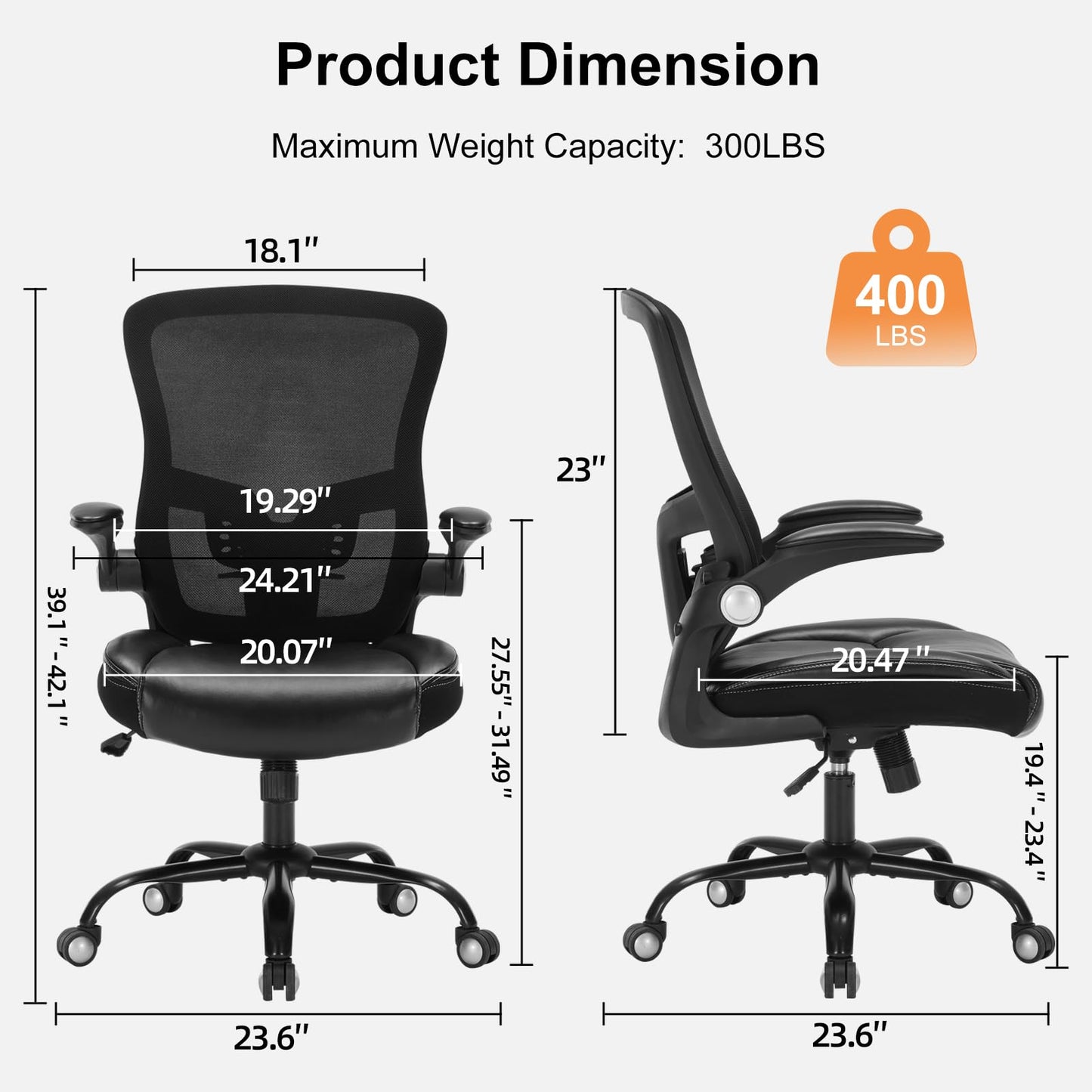 Ergonomic Office Chair, PU Leather Ergonomic Desk Chair with Mesh Back Adjustable Lumbar Support Home Gmaing Desk Chair with Wheels and Flip-Up Armrests, 360°Swivel, Tilt Lock and Wide Cushion-400LBS