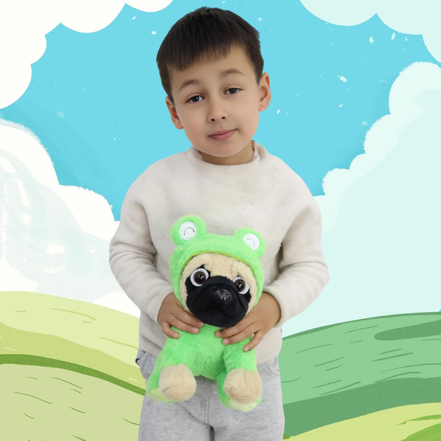 CASAGOOD Pug Frog Stuffed Animal Dog Wearing Frog Costume Plushies Pug Puppy Dressed as Green Froggy Funny Plush Toys Stuffed Puppy Animals for Kids and Lovers 12 Inch