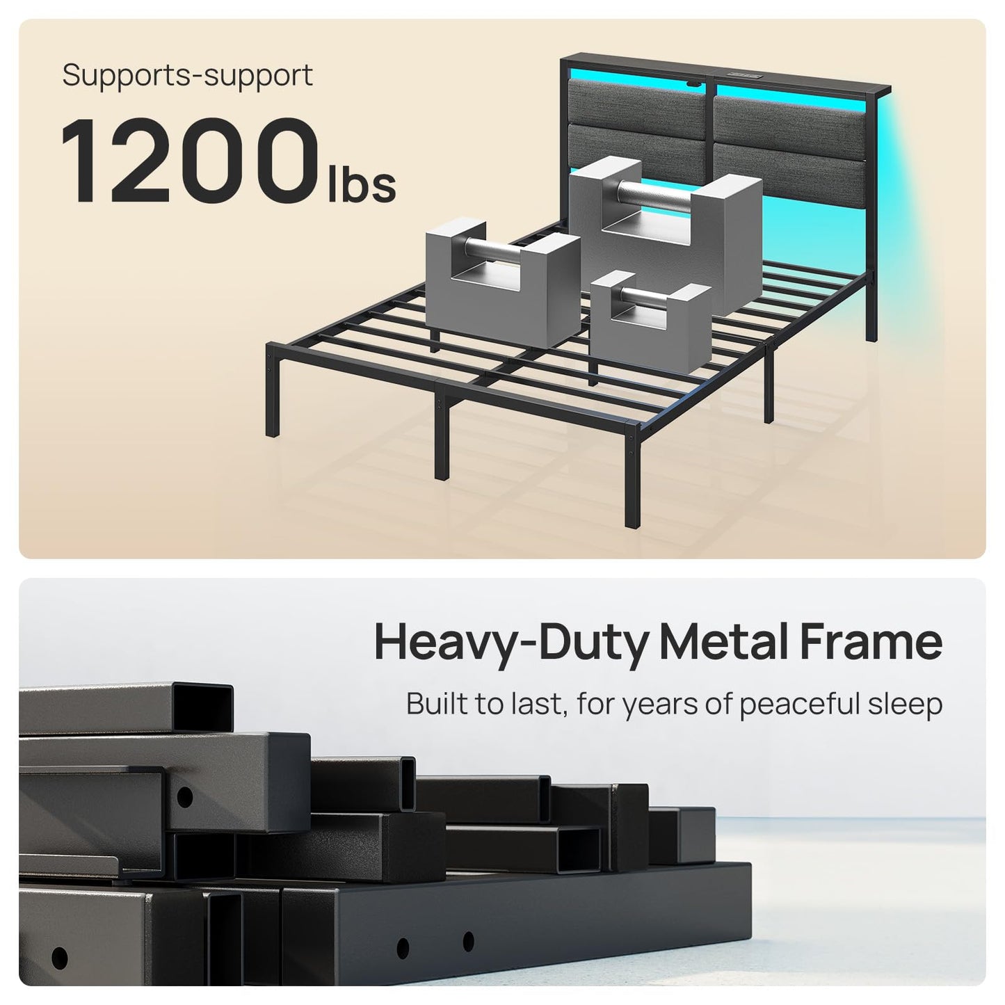 Rolanstar Full Size Bed Frame with Charging Station, LED Full Bed Frame with Upholstered Storage Headboard, Platform Bed with Metal Slats & Under Bed Storage, No Box Spring Needed, Noise Free, Grey