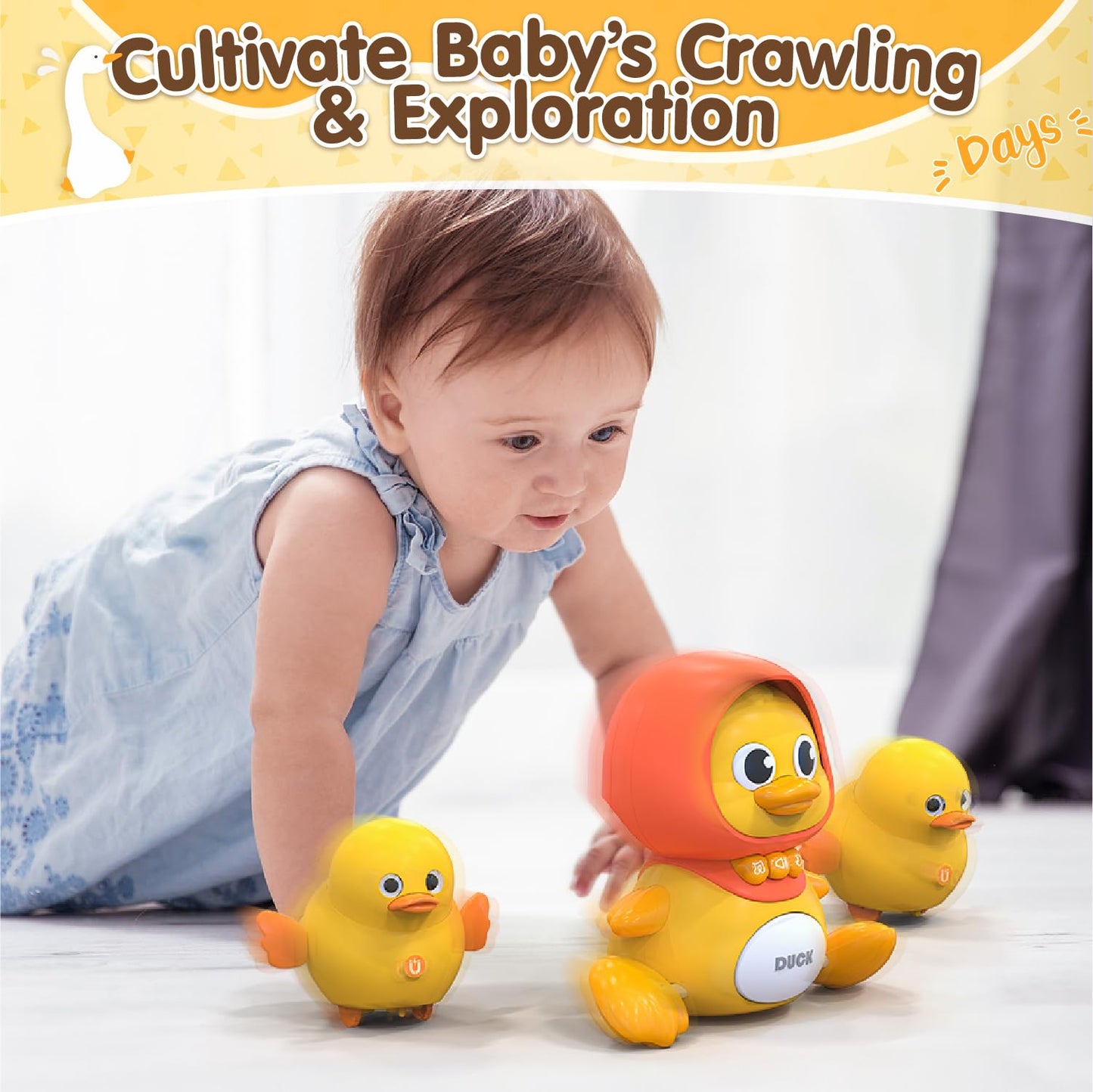 Gofimyee Crawling Duck Musical Toy, Baby Toy for Toddler, Sound Toys for 18+ Months, Early Educational Baby Toys with Light, Includes One Large Duck and Two Ducklings (Batteries Included)