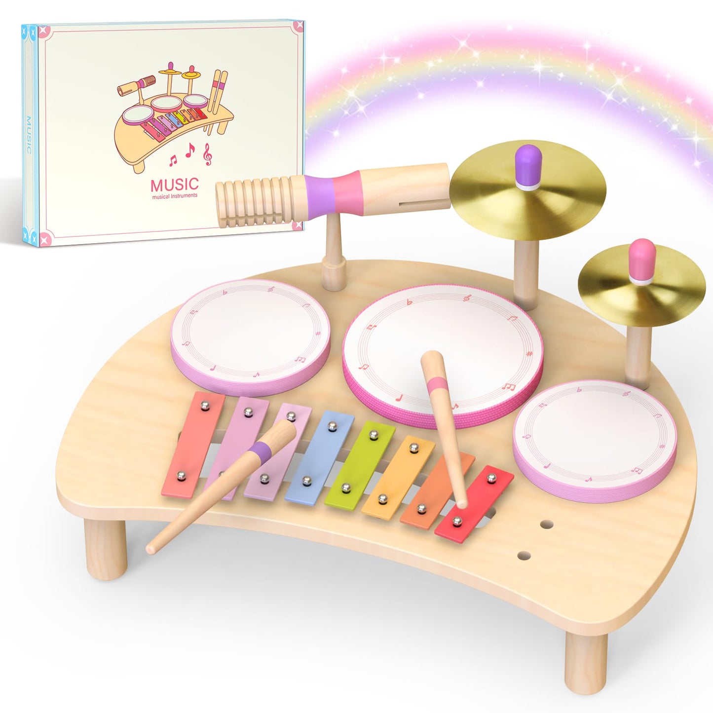 Toddlers Drum Set Toys for 1 2 3 Year Old Girls,Montessori Music Toy for Toddlers 1-3,Baby Drum with Xylophone,Musical Instruments Toy, Kids Birthday Gifts for Baby 18+ Months (Pink)