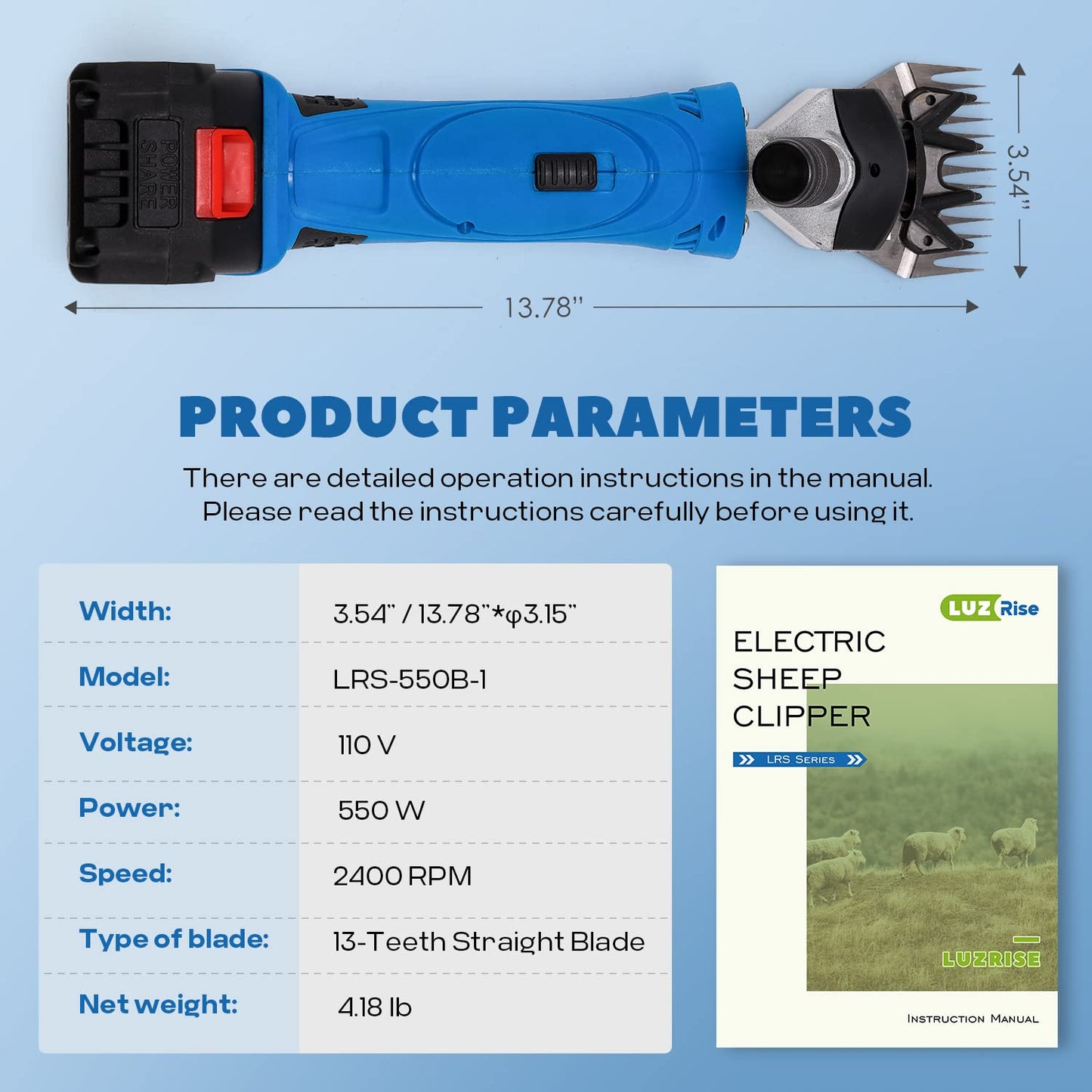 LuzRise Sheep Shears Cordless 550W 2400RPM Professional Rechargeable Shearing Clipper 21V with 6 Speed, for Shaving Fur Wool in Sheep, Goat, Cattle, and Other Farm Livestock, with 2 Lithium Batteries