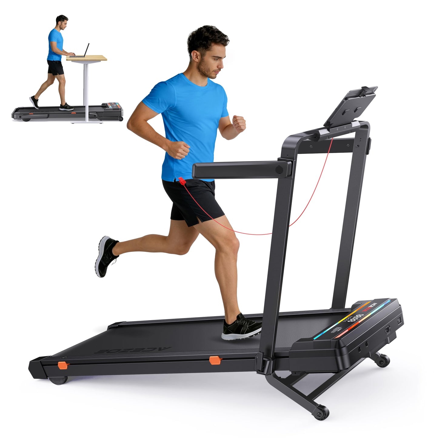 Foldable Walking Pad with 0-15% Auto Incline and Handle Bar, Under Desk Treadmill with 300LBS Weight Capacity, 3.0HP Quiet Treadmills for Home with Speaker, APP & Remote Control-Black Orange