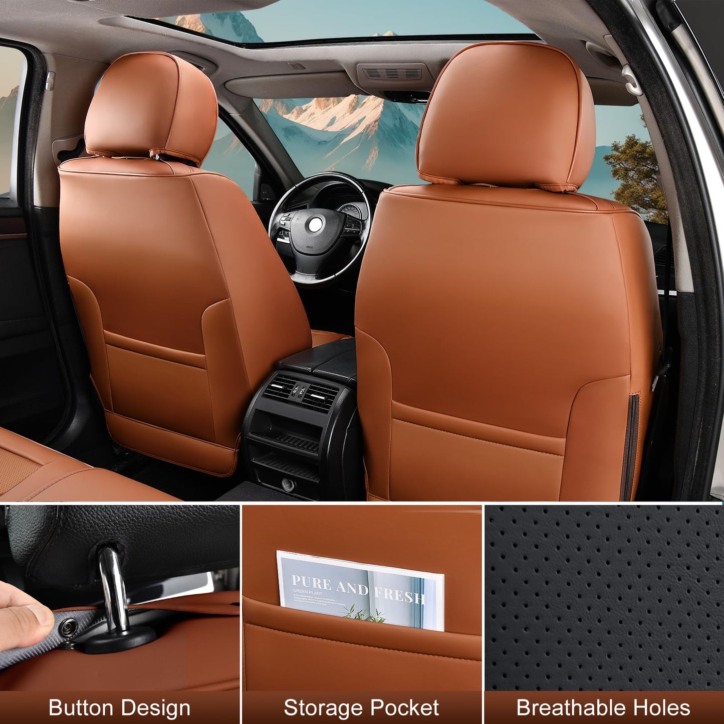 TIEHESYT Leather Car Seat Covers Full Set with Lumbar Support, Waterproof Car Seat Cover, Universal Seat Covers for Cars, Trucks, SUVs, Sedans, Airbag Compatible, Front Pair and Rear, Brown&Black