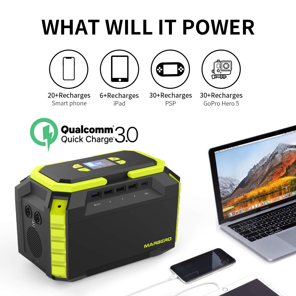 MARBERO 222Wh Portable Power Station 200W Solar Generator 60000mAh Power Bank with AC Outlet 110V 200W DC USB LED Flashlights Lithium Battery Power Supply for CPAP Camping Backup Emergency Home