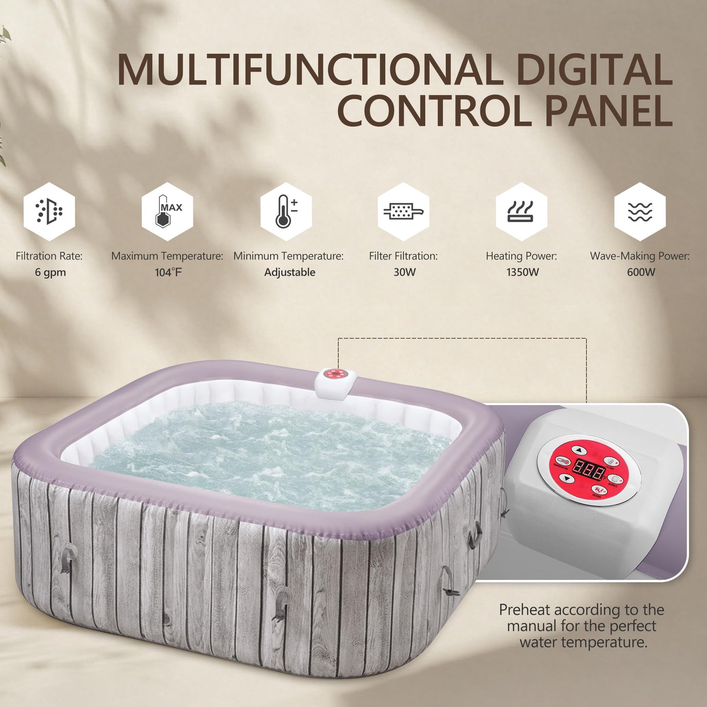UHOMEPRO Inflatable Hot Tub Spa Set, Outdoor Bubble Massage Portable Hot Tubs with 130 Soothing Jets, Insulated Cover, Internal Heater Pump, 6 Filter Cartridges