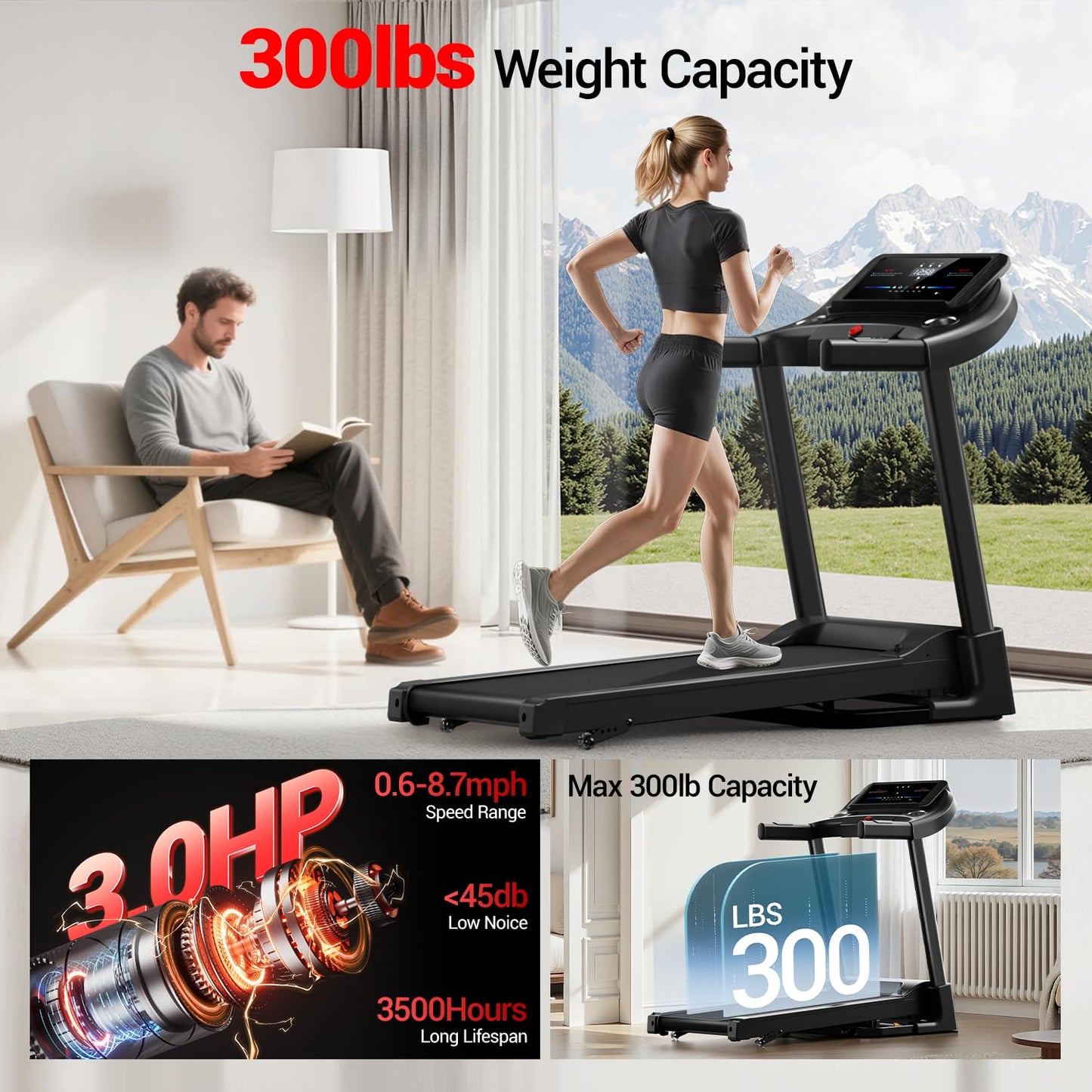 Treadmill with 3-Level Incline for Home and 3.0 HP Quiet Brushless, 8.7 MPH, 300 lbs Capacity