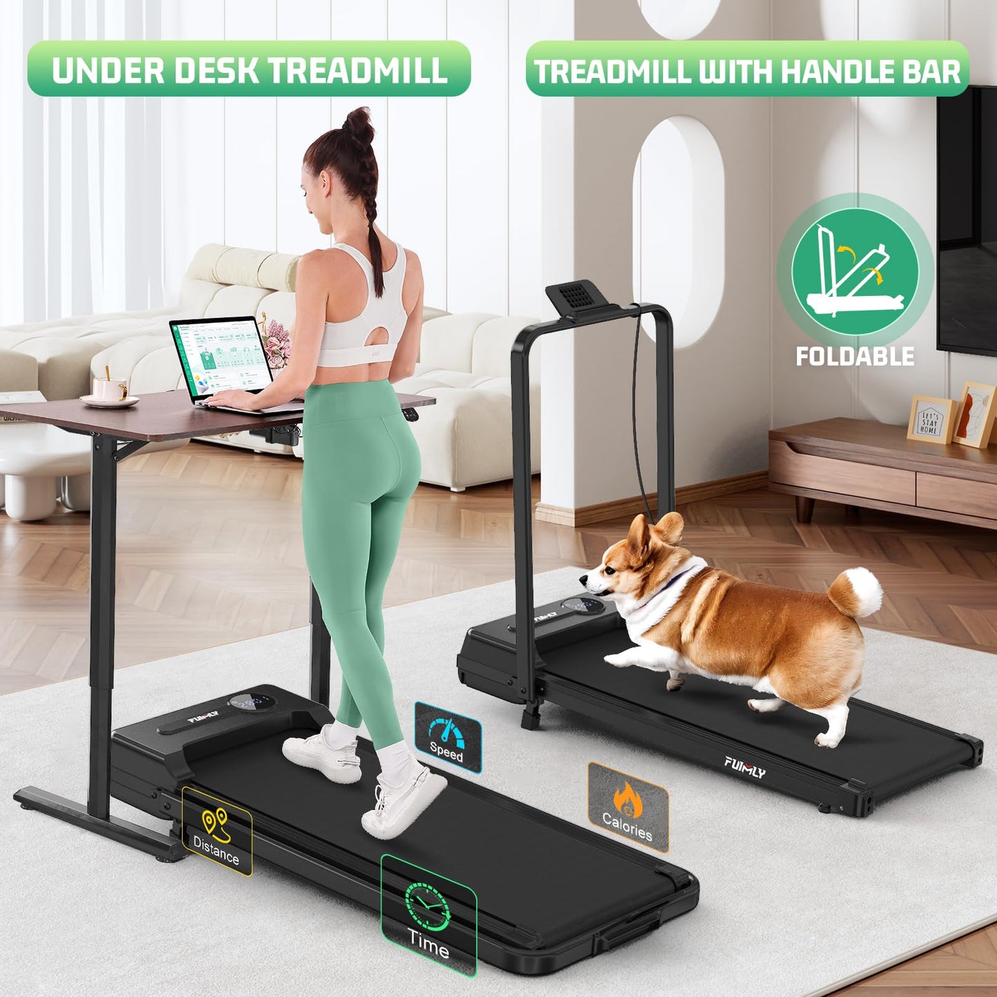 FUNMILY Foldable Walking Pad with Handle Bar, 4 in 1 Under Desk Treadmill with Incline, 2025 Upgraded Smart Folding Treadmill for Home/Office, 300 lbs Weight Capacity, Ultra-Quiet