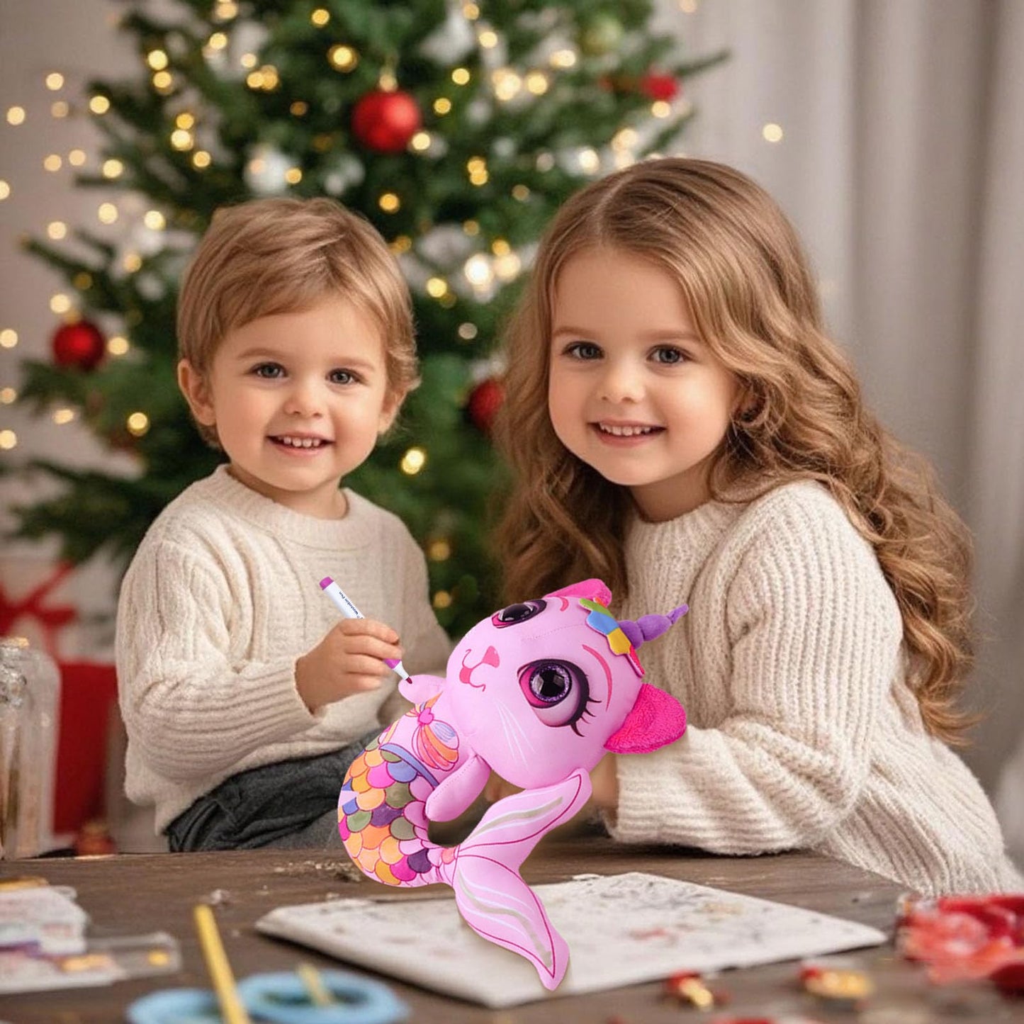 Stuffed Animal Coloring Plush Toy with 20 Washable Markers Laser Holographic Backpack Road Trip Car Game Writing Painting Set for Girls Doodle Dolls Kids Ages 3-6 Birthday(Pink Cat Mermaidr)