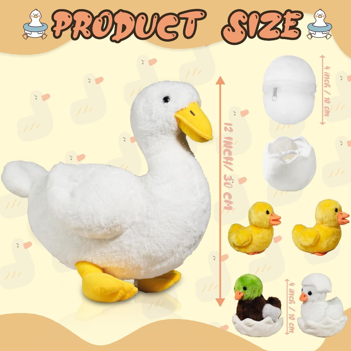 XYHQYB 7 in 1 Duck Stuffed Animal, 12" Zippered Mommy Stuffed Duck Toy with 4 Baby Ducklings and Eggs, Soft White Duck Plushie Pillow for Kids Christmas Birthday Gift Farm Party