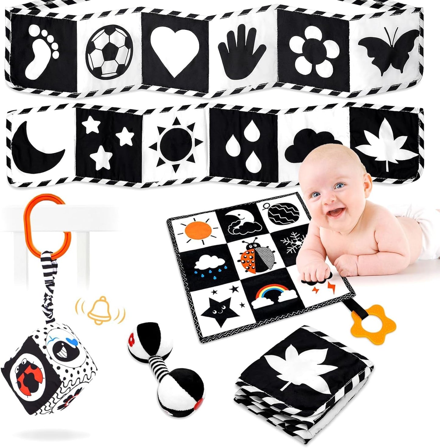 Black and White High Contrast Baby Toys for Newborn, Montessori Toys for Babies 0-6 Months Tummy Time Toys, Infant Newborn Sensory Toy 0-6 Months Soft Book for 0 3 6 6 9 12 Months Boy Girl