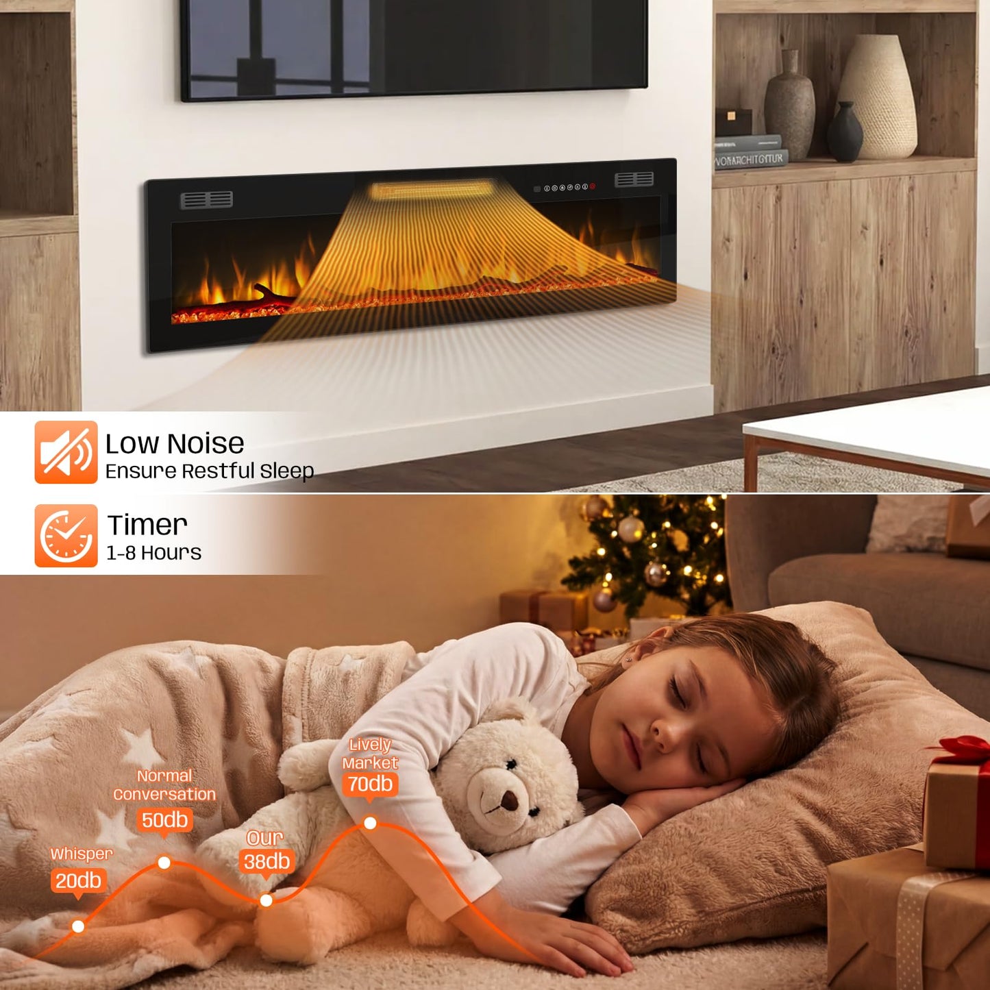 Tornivk 72 Inch Electric Fireplace Heater,Wall Mounted/Recessed Electric Fireplace Insert,Ultra-Thin 750/1500w in Wall Fireplace Electric with Remote Control,Logs,Crystal for Bedroom,Livingroom