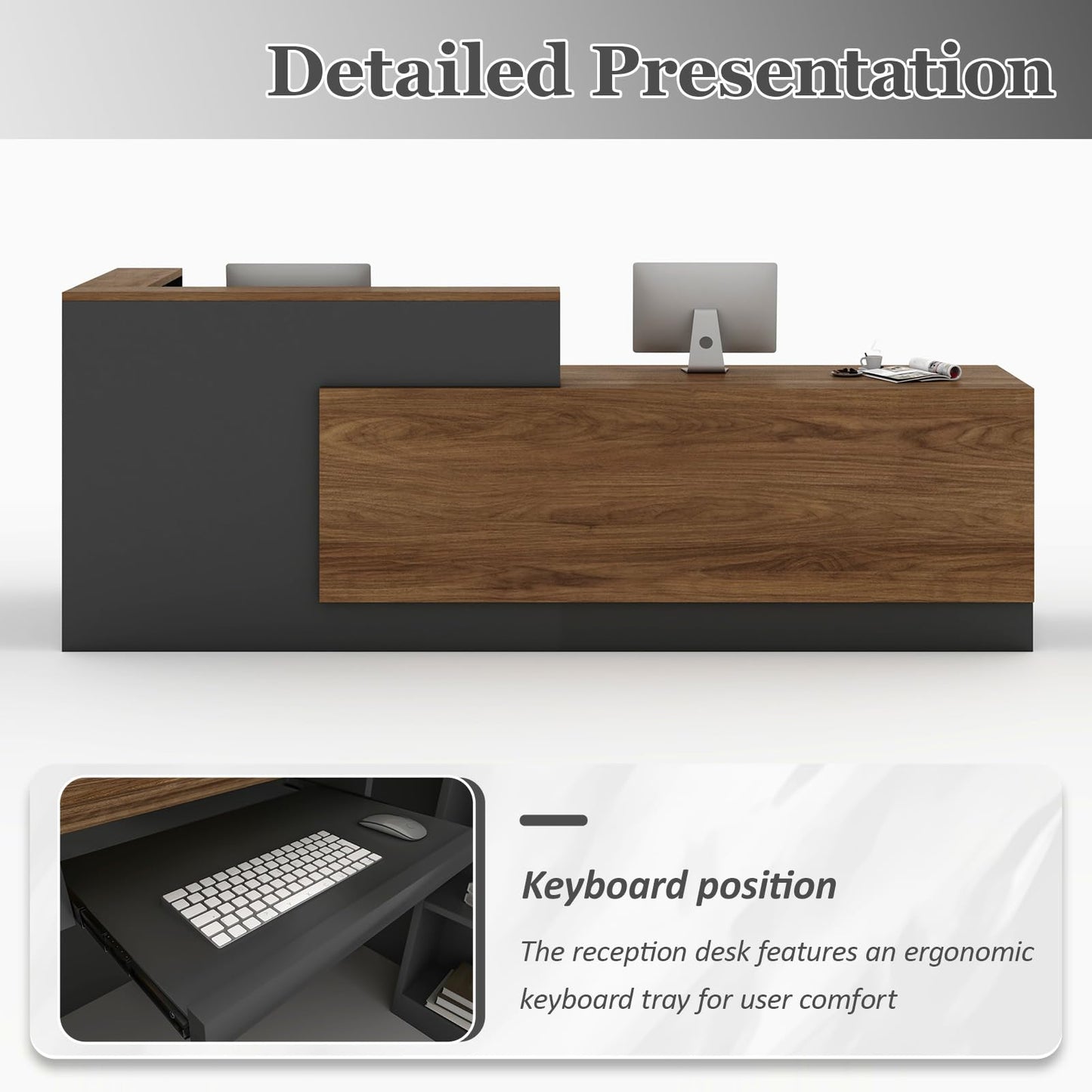 YTElantivo L-Shaped Reception Desk with Counter, 1-Inch Thick Board, Lockable Drawers & Keyboard Tray, Heavy-Duty Front Desk for Office, Salon, Hotel & Clinic