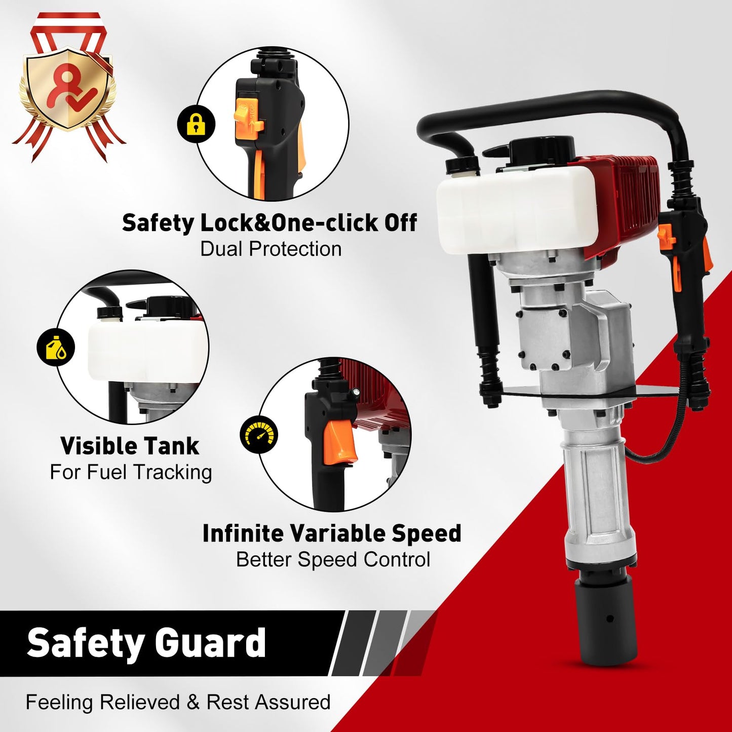 POIOKLJRE Post Driver, 52cc Gas Powered T Post Driver, 1900W Fence Post Driver, Shock Absorption and Safety Lock Heavy-Duty Gasoline Post Driver, Quick Pile Installation, Suitable for Professional Use