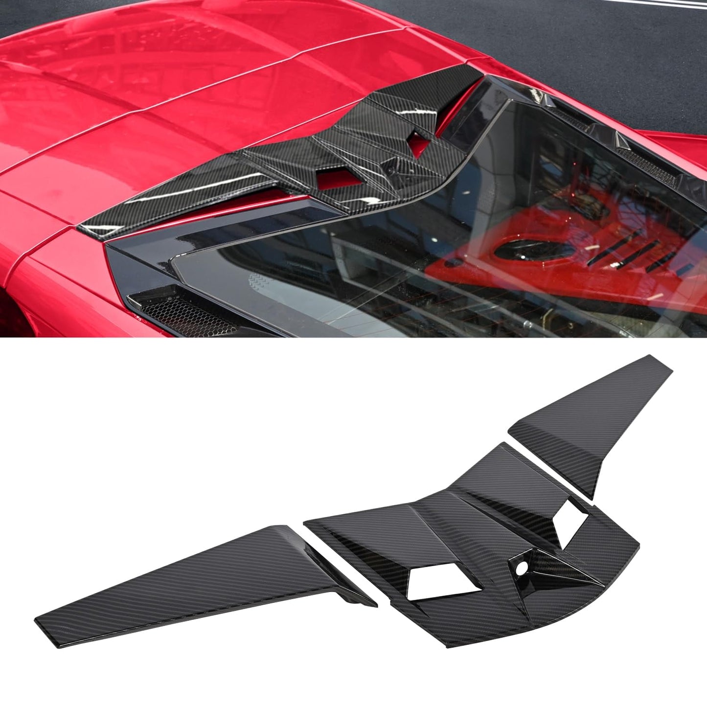 BILLFARO Rear Decklid Camera Vent Cover and Rear Roof Windshield Spoiler Strip Cover Trim, Carbon Fiber Pattern Widebody Roof Set for Corvette C8 Stingray Z51 2020+ for C8 Z06 2023+/E-Ray 2024+