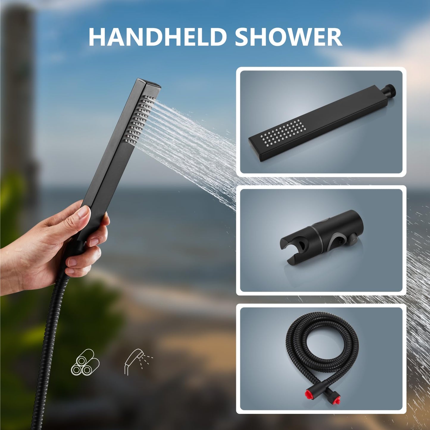 Aolemi Wall Mount Outdoor Shower Kit,Outdoor Shower Fixtures Faucet System with Handheld Spray,Double Handle 6 Inch Center Exposed Shower,with 6" Shower Head Matte Black