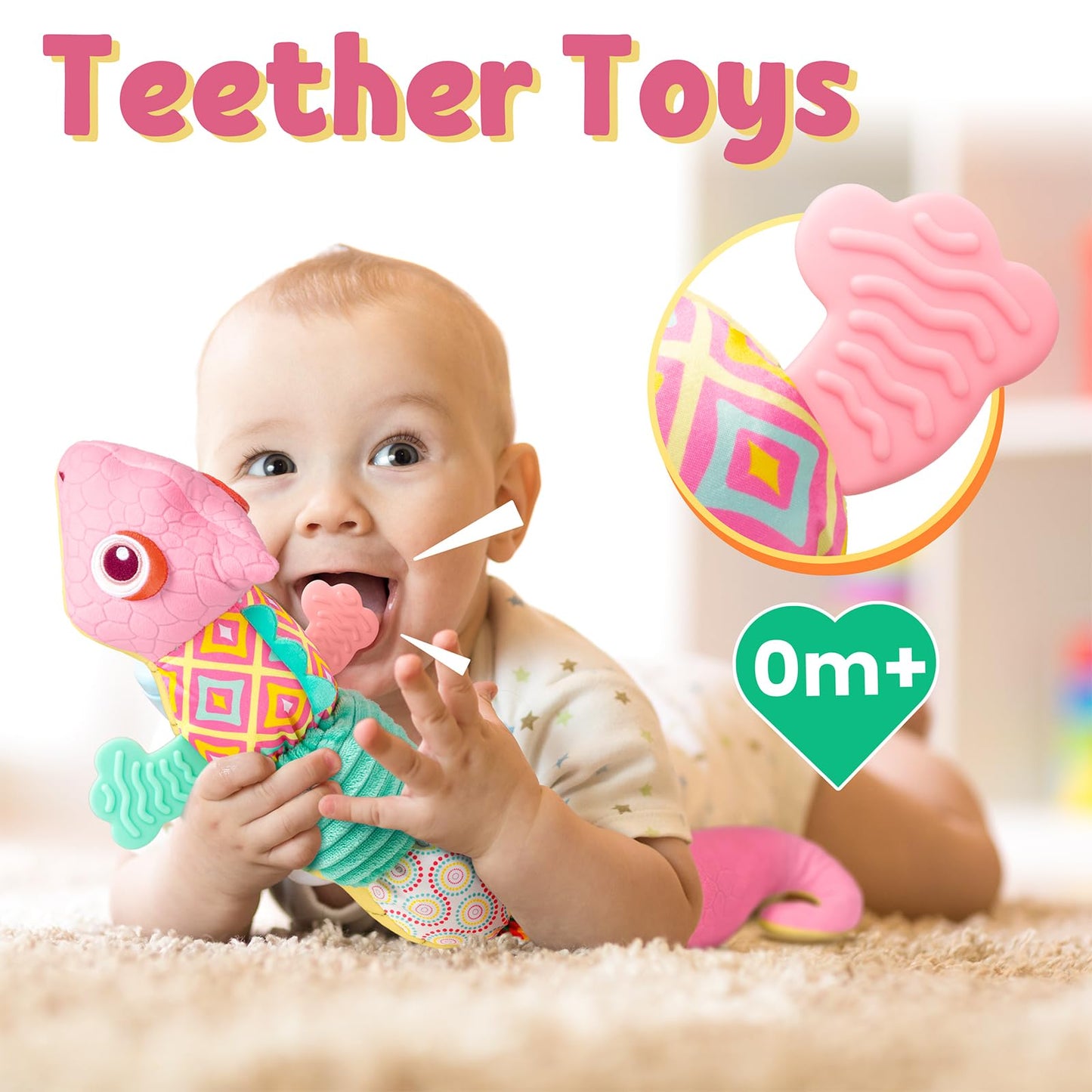 LIGHTDESIRE Baby Toys Musical Dinosaur,Infant Stuffed Animal Toys with Crinkle and Rattles,Soft Sensory Toys with Textures for Tummy Time Newborn Boys Girls 0 3 6 12 Months(Pink)