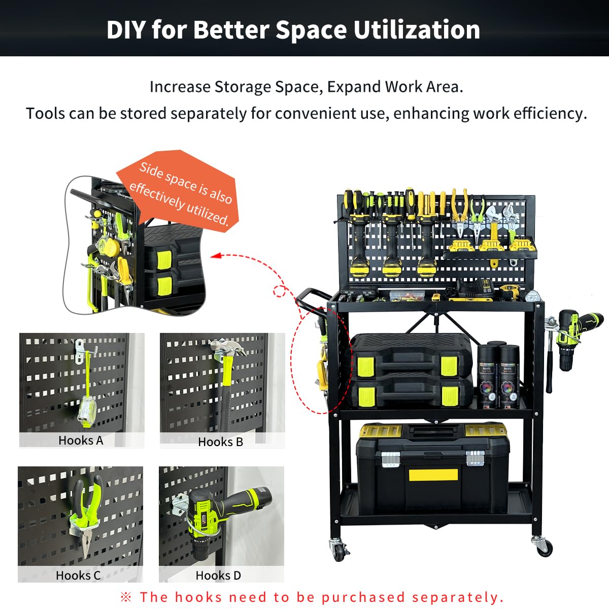 Lumizone Foldable Tool Cart with Wheels Rolling Utility Service Cart with Pegboard for Power Tool Organization Garage Organizer Storage on Wheels Heavy Duty Folding Design (Tool Cart)