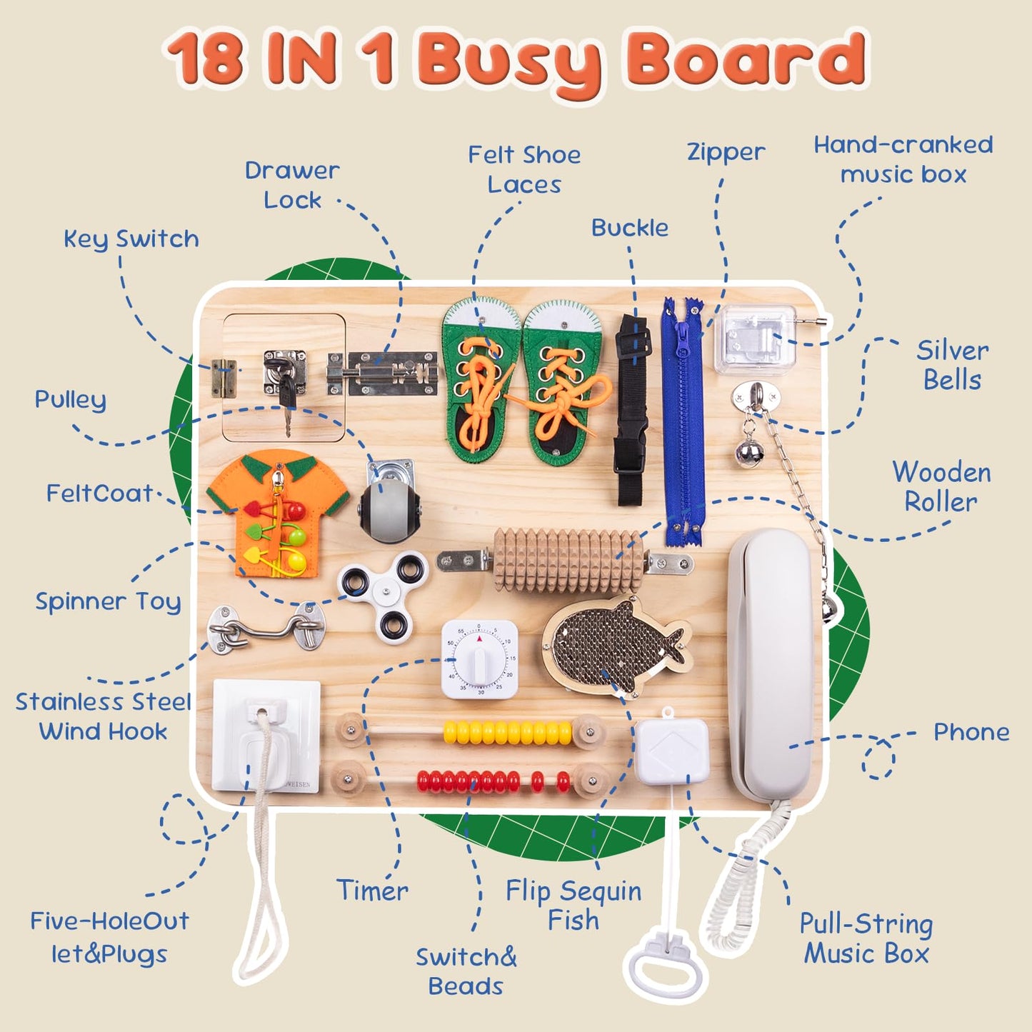 DigNew 20 Inch Large Montessori Busy Board, 18 in 1 Sensory Fidget Board with Stand, Premium Wooden Tactile Board, Busy Board for Travel Office Desk Decor & Gift