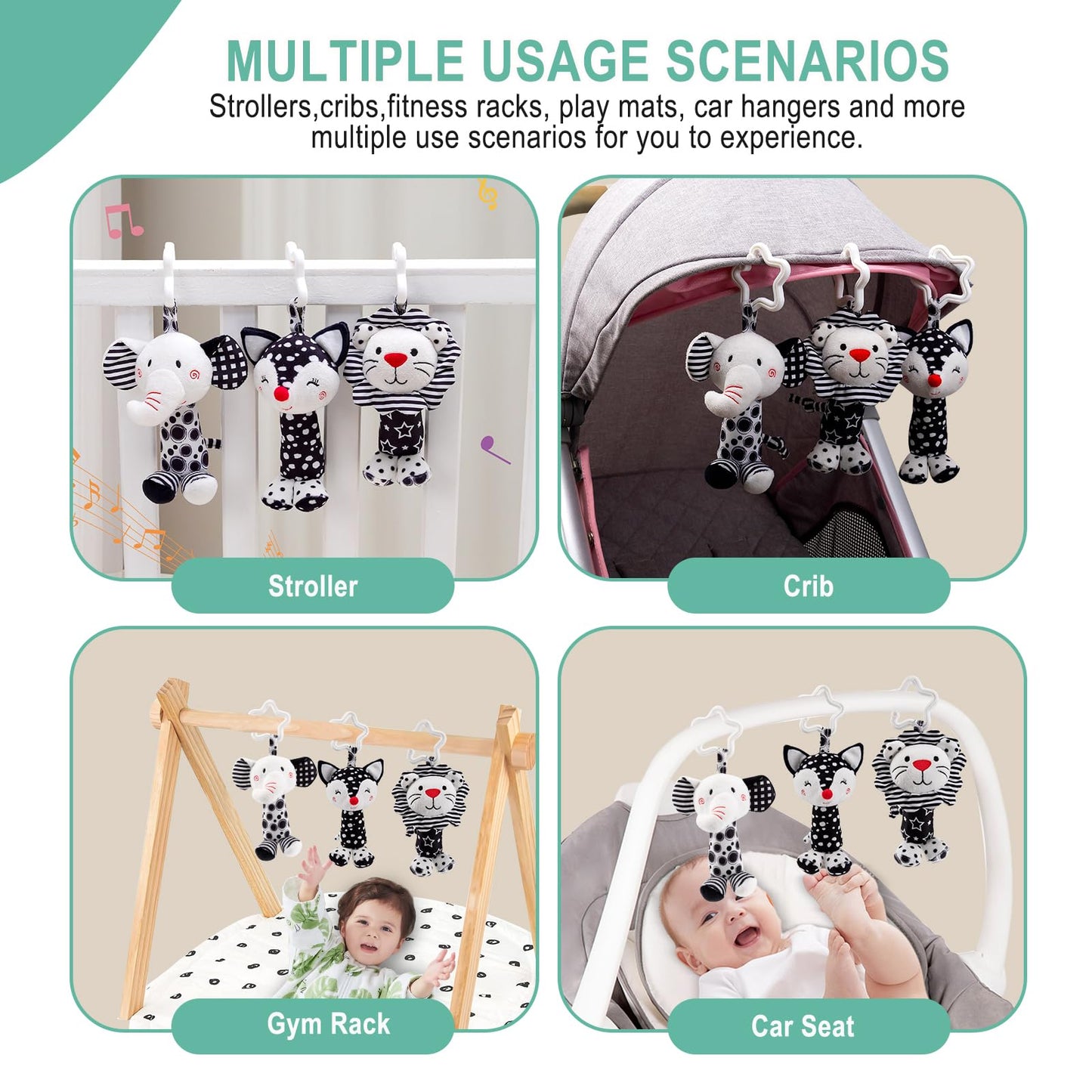 JINBOBUBU Black & White Baby Wind Chime Hanging Toys - High Contrast Rattles for Newborns 0-12 Months, Stroller & Car Seat Mobile, Hanging Rattle Toys for Babies, Clip Hanging Plush Squeeze Toys