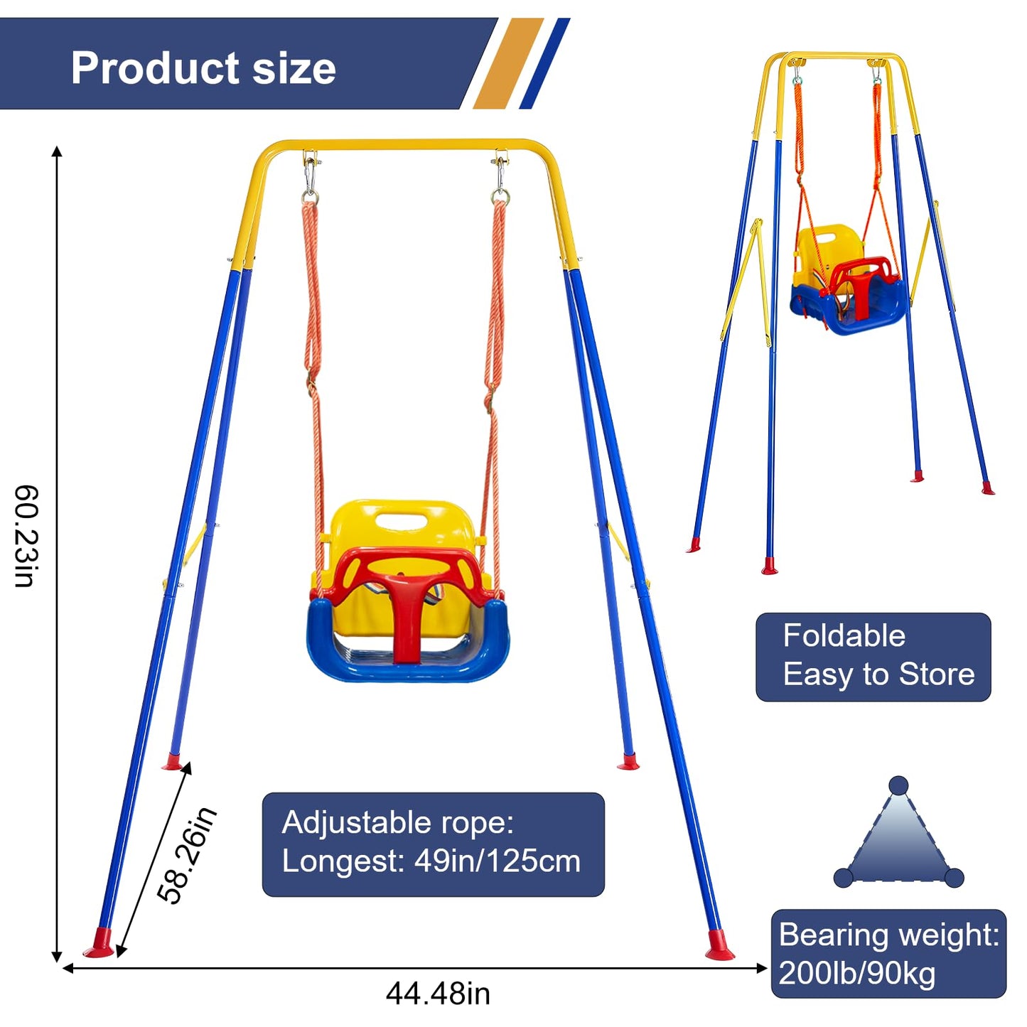 Toddler Swing Set, 3-in-1 Baby Swing Outdoor/Indoor, Toddler Swing&Jumper with Foldable Metal Stand, Baby Swing Outdoor for Aged 6 Months to 10 Years Old