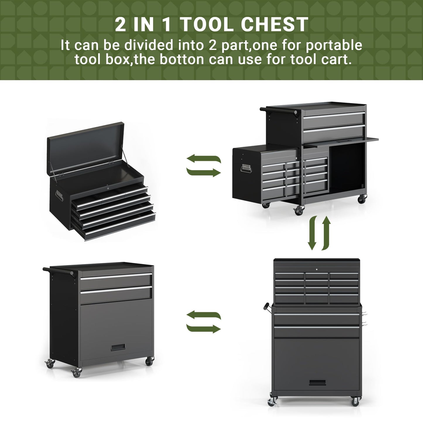 VIWAT Tool Chest, 8-Drawer Rolling Tool Storage Cabinet with Enhanced Packaging, Detachable Top Tool Box, Metal Tool Cart with Hooks and Liners, for Garage, Workshop, Black