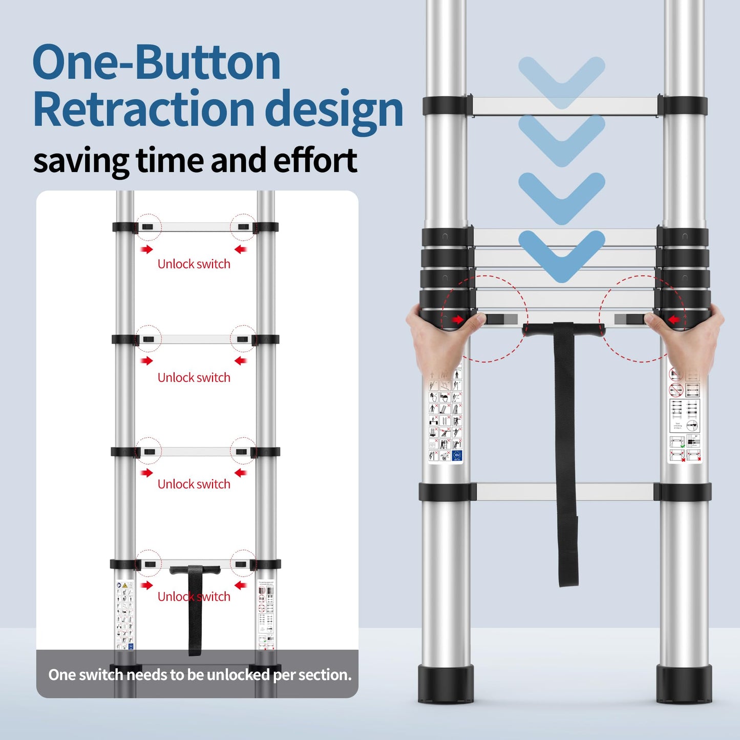 2026 New 17.9FT Heavy-Duty Aluminum Telescoping Ladder, 330LBS Capacity, One-Button Retraction Anti-Pinch, with Wall Support & Adjuster Pads, for Attic Roof Home Renovation