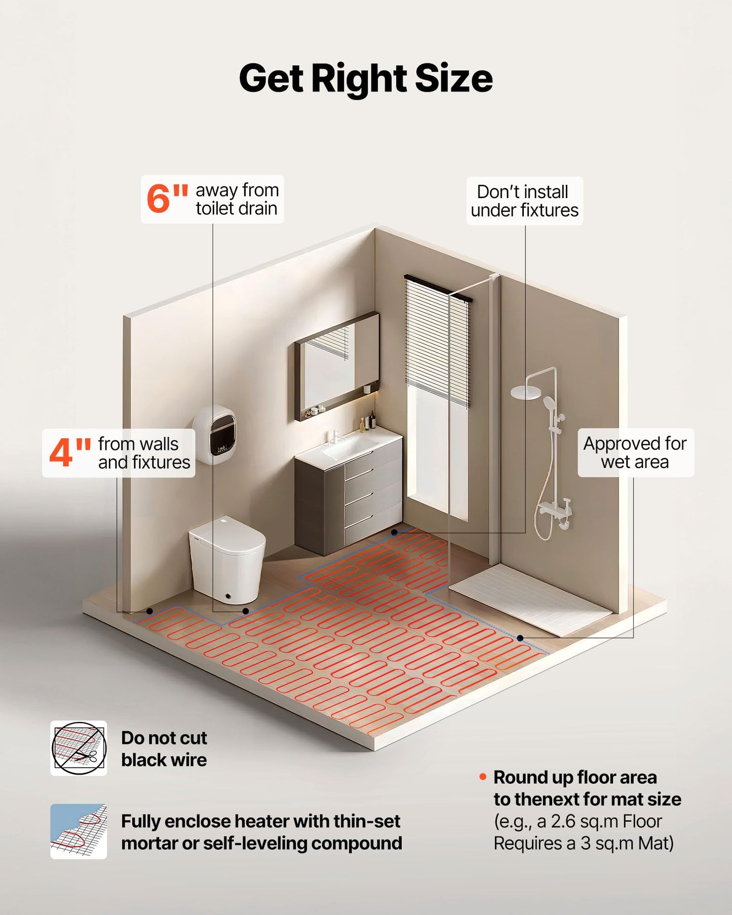 VEVOR 90 sqft Self-Adhesive Mesh Floor Heating Mat System, 120V Electric Radiant Heated Floor System, with Smart Control Thermostat & Alarm, Easy Installation for Tile, Stone, Vinyl