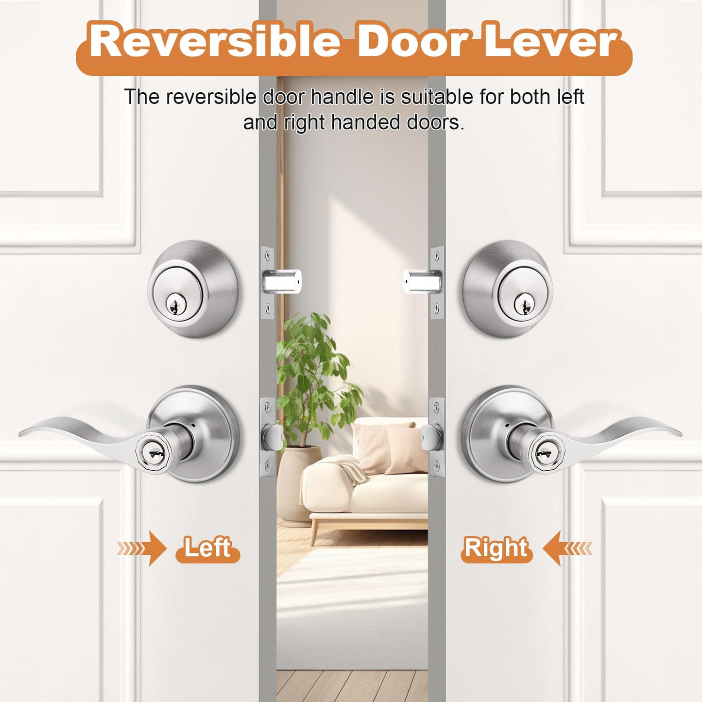 Probrico 6 Sets-Satin Nickel Exterior Entry Lever and Single Cylinder Deadbolt Combo Pack,Keyed Alike Entry Handleset for Front Entrance Door,Wave Shape Lever,Contractor Park