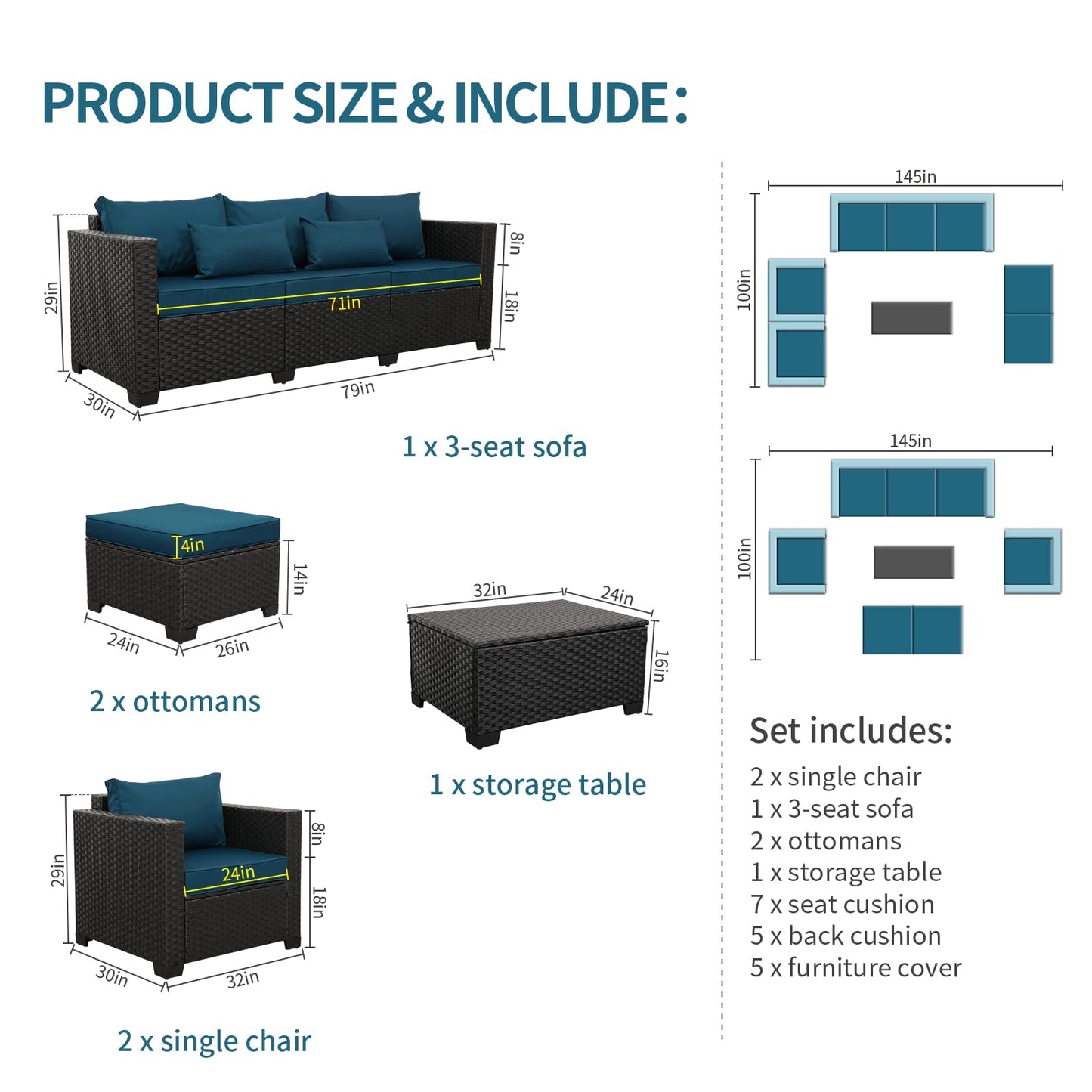 Rattaner Patio Furniture Set 6 Pieces Couch Outdoor Chairs Coffee Table Peacock Blue Anti-Slip Cushions and Waterproof Covers