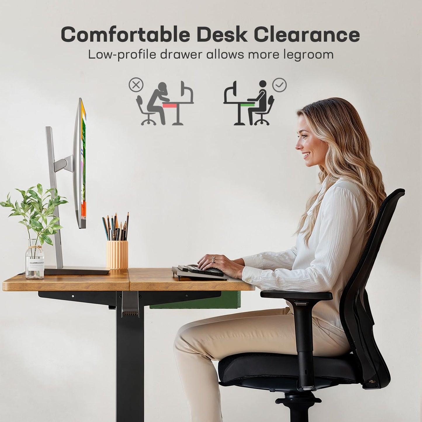 Marsail 48x24 Electric Standing Desk with Drawer, Computer Desk, Sit Stand Office Table with Storage & Hooks & Cable Management, Ergonomic Height Adjustable Table for Home Office, Brown
