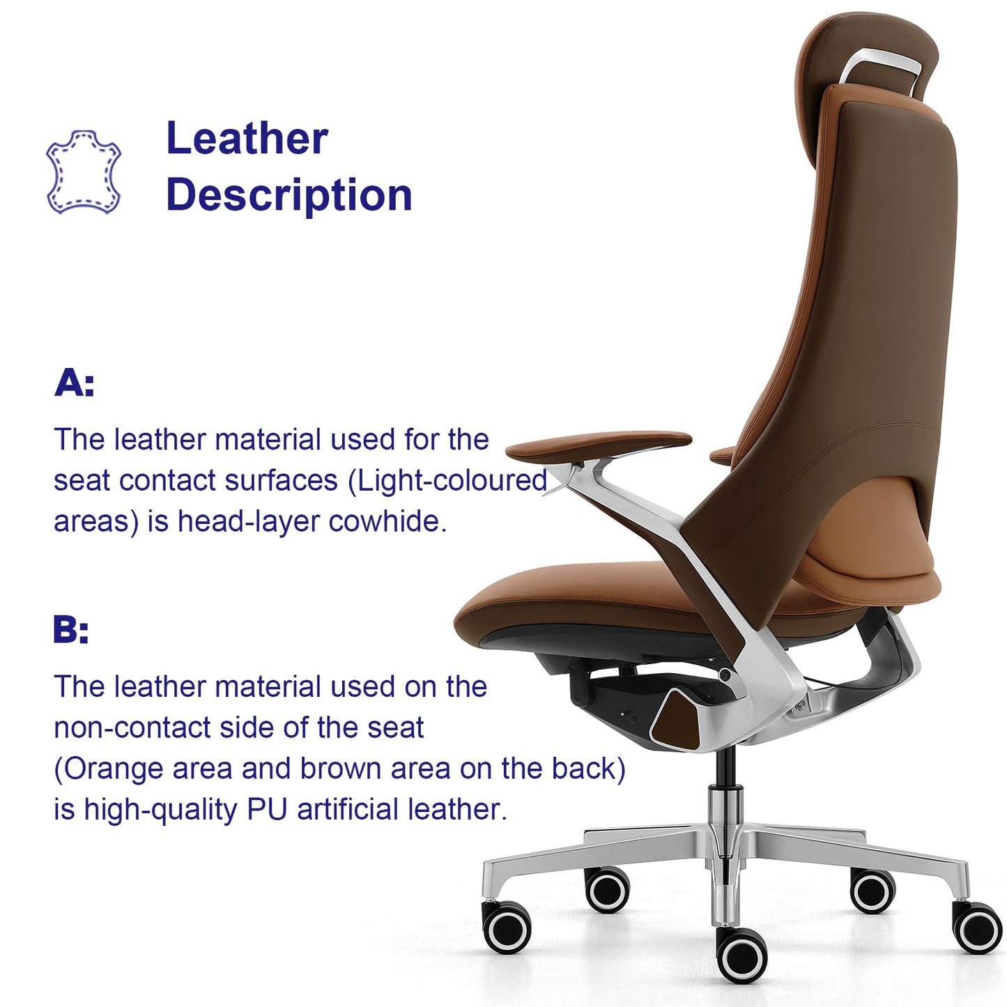 Genuine Leather Executive Office Chair, Ergonomic Comfortable Computer Chair, Adjustable seat Height/headrest Height, with tilt Lock, high-Back Home Office Desk Chair. (Caramel Brown/Dark Brown)