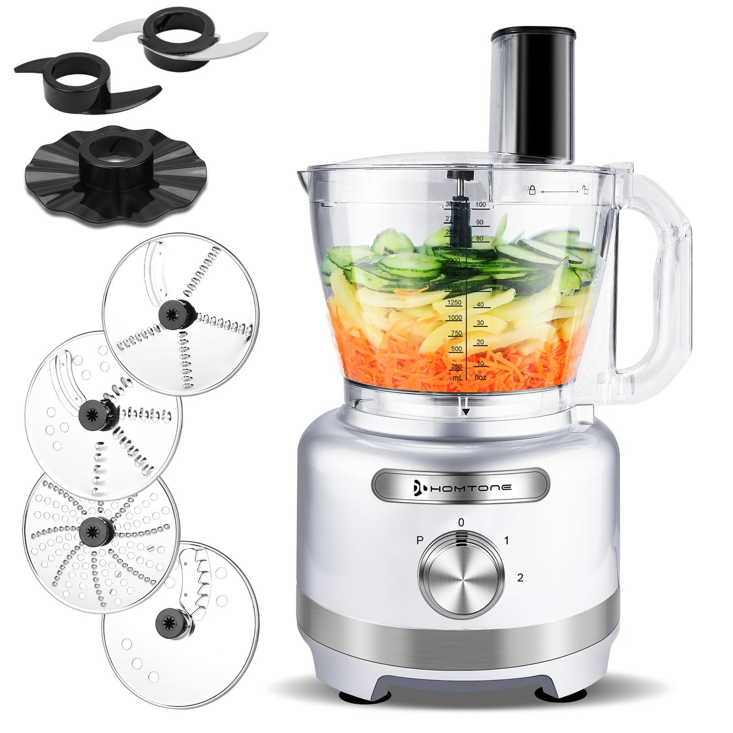 Homtone 16 Cup Food Processor, 9 Functions 7 Blades 3 Speeds for Shredding, Slicing, Doughing, Emulsfying and Meat Vegetable Chopping for Home Use, 600W (Sliver)